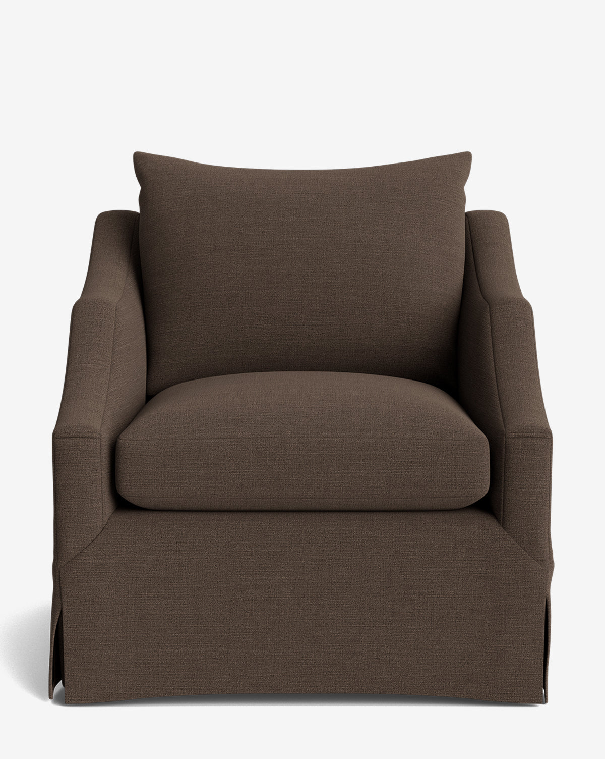 A front view of the Everleigh Slipcover Lounge Chair—a brown, upholstered armchair with a solid oak frame, square back pillow, wide seat cushion, and skirted base—set against a plain white background by McGee & Co.
