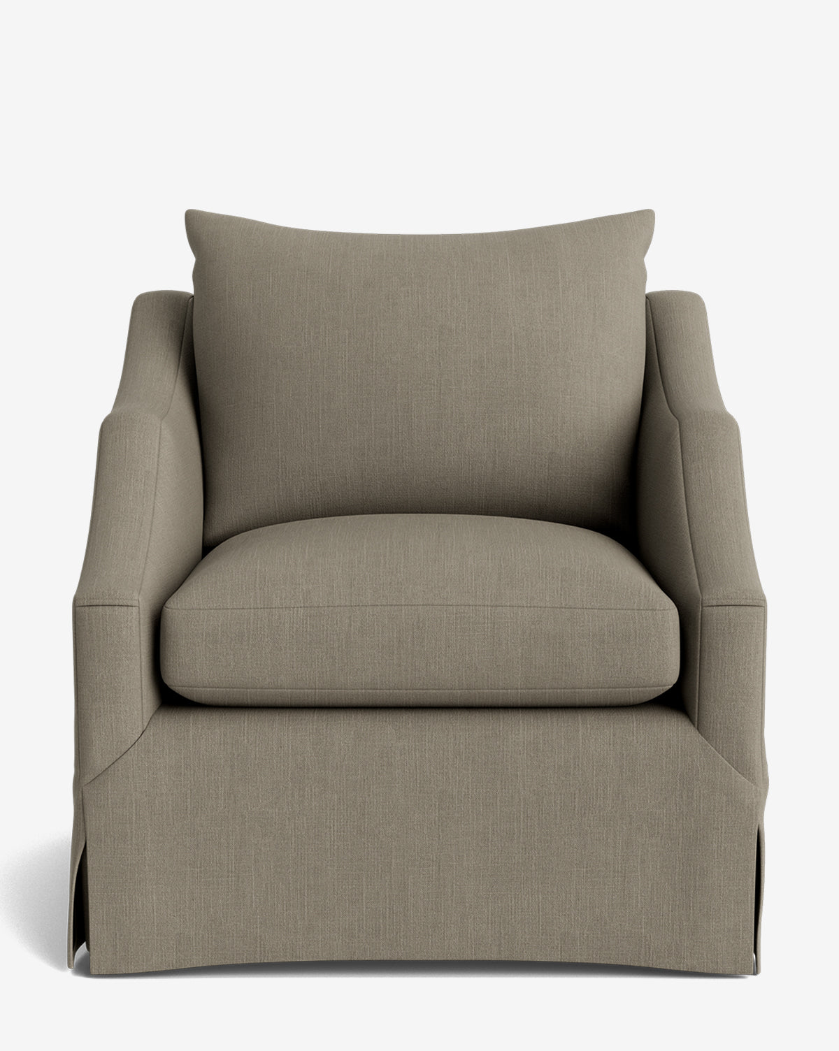 The Everleigh Slipcover Lounge Chair is a front-facing armchair with cushioned taupe upholstery, a wide seat, plush backrest, subtle skirted base, and a durable solid oak frame, by McGee & Co.