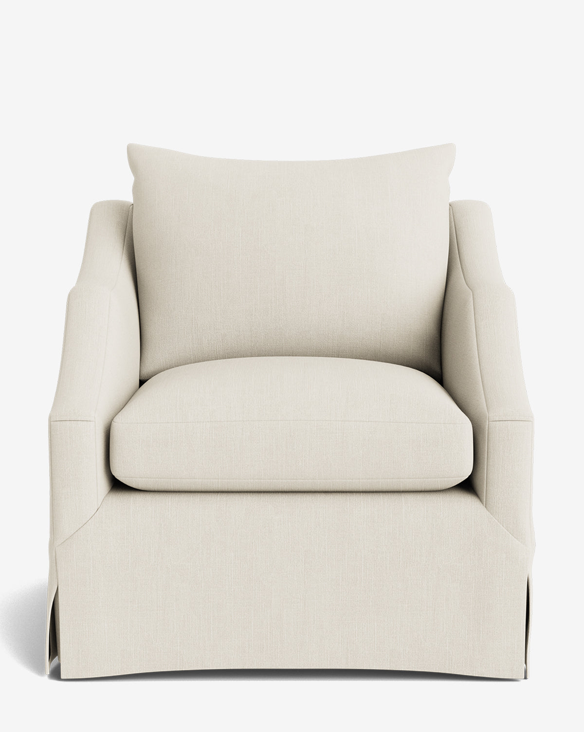 A front view of the Everleigh Slipcover Lounge Chair, a modern oversized armchair featuring light beige upholstery, a thick seat cushion, wide armrests, plush back cushion, and a sturdy solid oak frame, by McGee & Co.