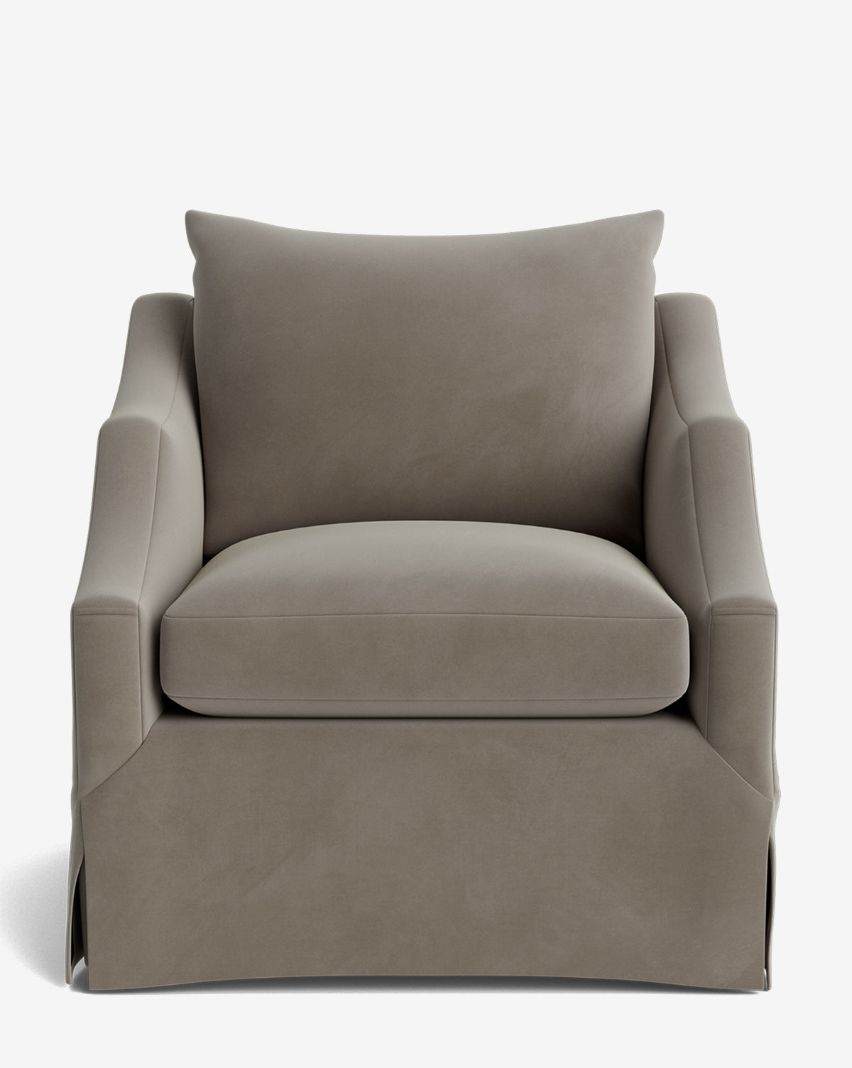 The Everleigh Slipcover Lounge Chair is a plush, taupe seat with a wide cushion, soft backrest, and padded arms. A tailored skirt conceals the sturdy solid oak frame for an elegant look by McGee & Co.
