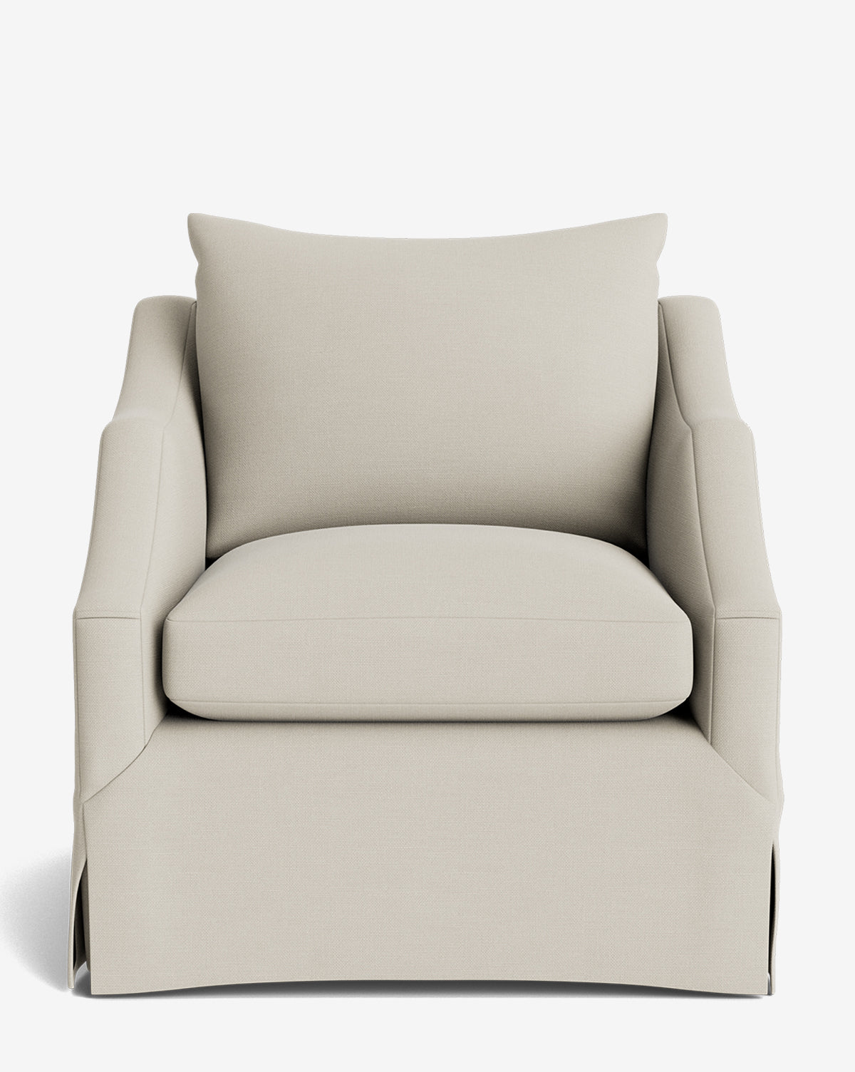 A front view of the Everleigh Slipcover Lounge Chair, a modern armchair in light beige upholstery with plush seat and back cushions, angled armrests, a tailored skirted base, and a sturdy solid oak frame, by McGee & Co.
