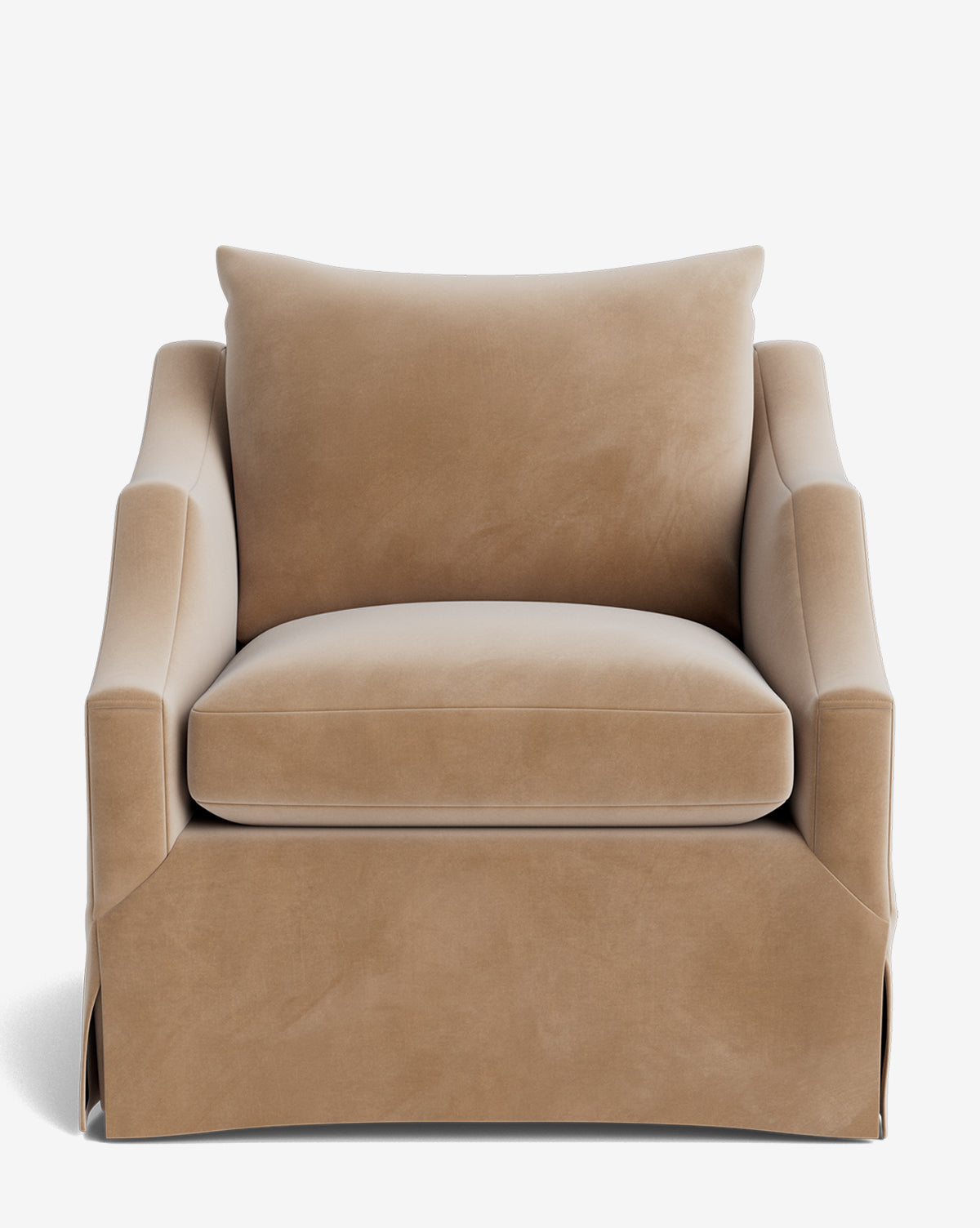 The Everleigh Slipcover Lounge Chair features tan upholstery, plush seat and back cushions, straight armrests, a tailored skirt, and a solid oak frame for a customizable, modern look, by McGee & Co.