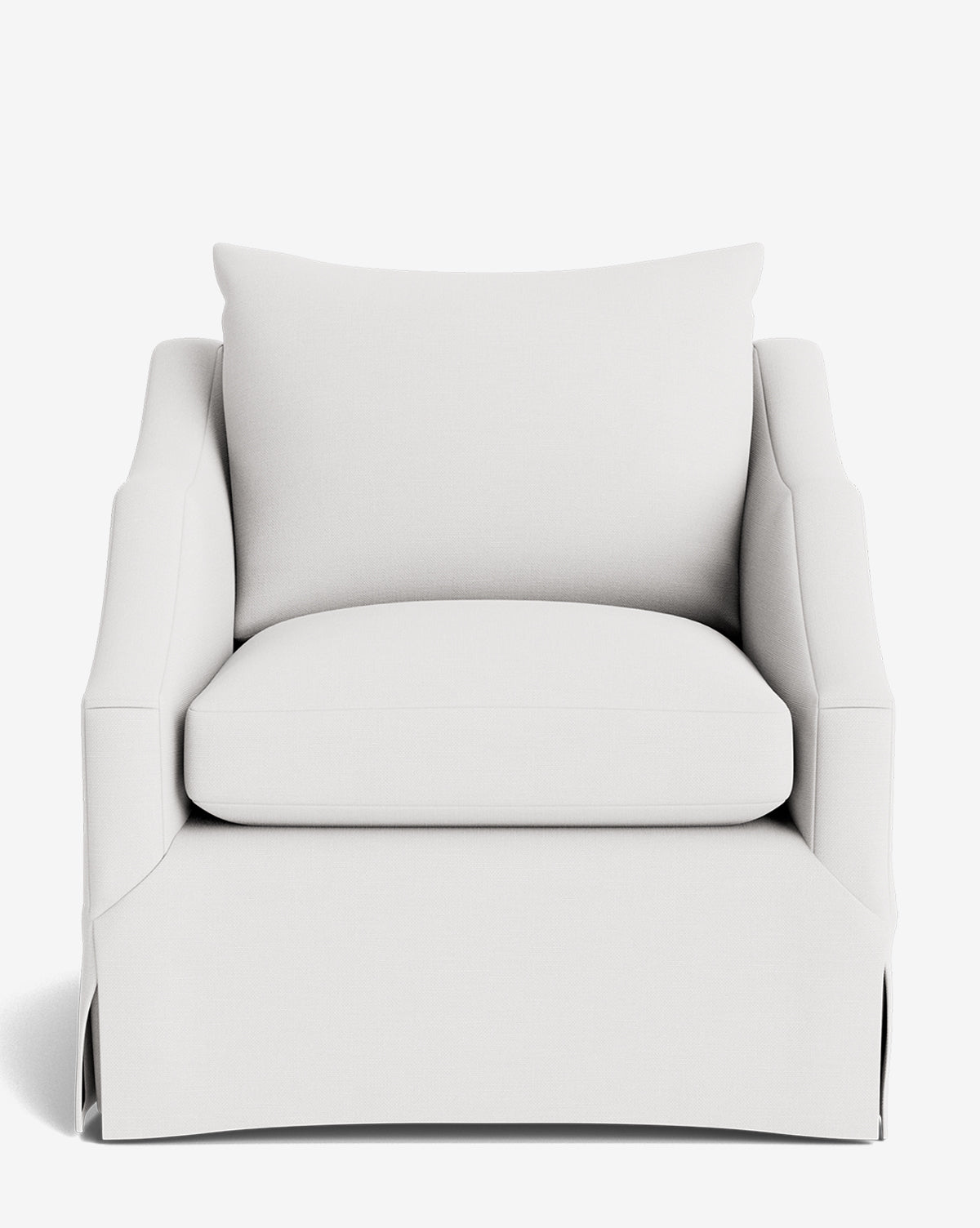 A front view of the Everleigh Slipcover Lounge Chair, a modern, customizable chair with cushioned comfort, a skirted base, light beige upholstery, and a solid oak frame, isolated on a white background by McGee & Co.