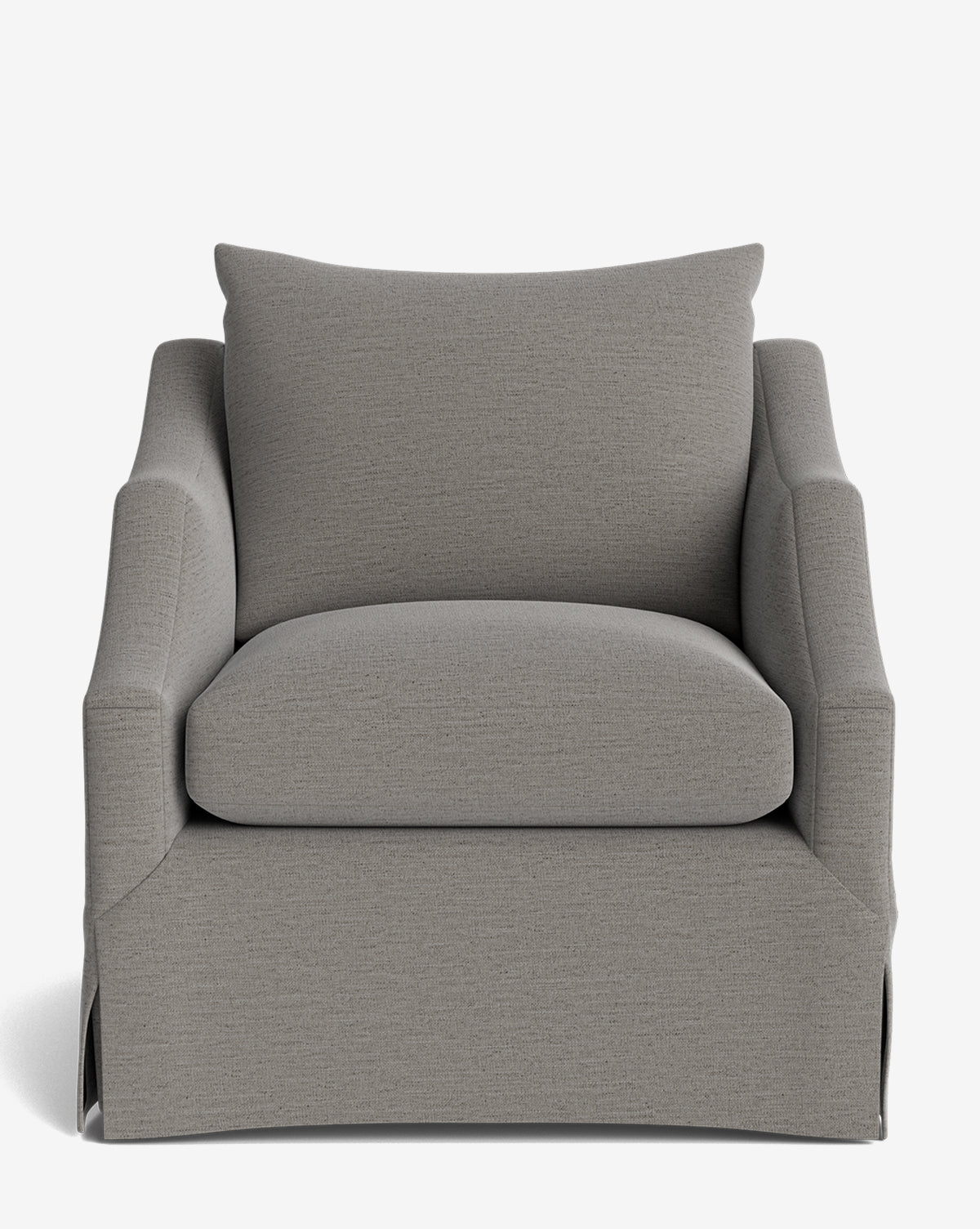 The Everleigh Slipcover Lounge Chair is a modern, light gray chair with a boxy shape, thick seat cushion, wide armrests, and a fitted slipcover. Its minimalist design sits atop a solid oak frame for lasting durability and can be customized by McGee & Co.