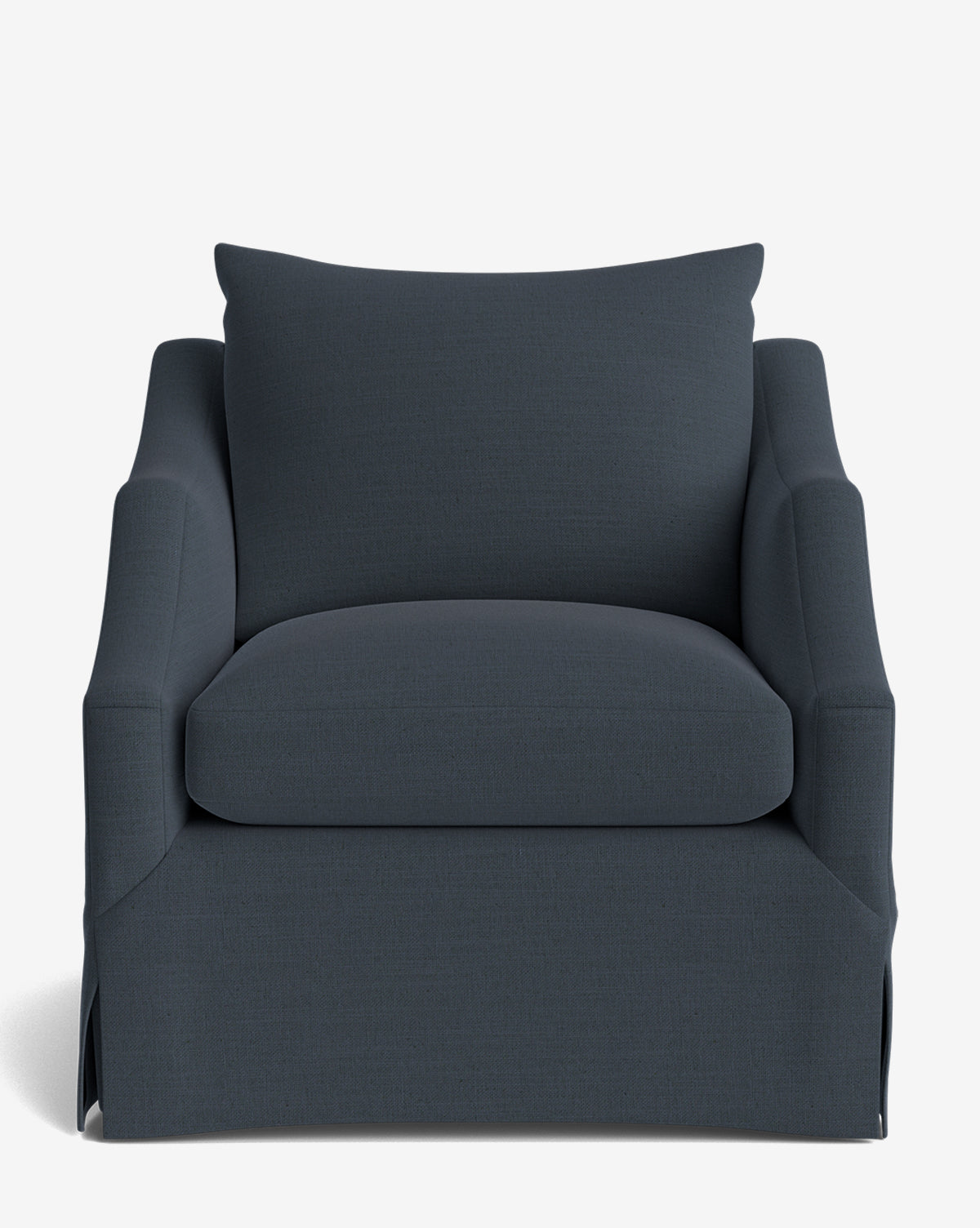 A front view of the Everleigh Slipcover Lounge Chair, a dark blue upholstered armchair with a large back cushion, skirted base, and solid oak frame, set against a plain white background by McGee & Co.