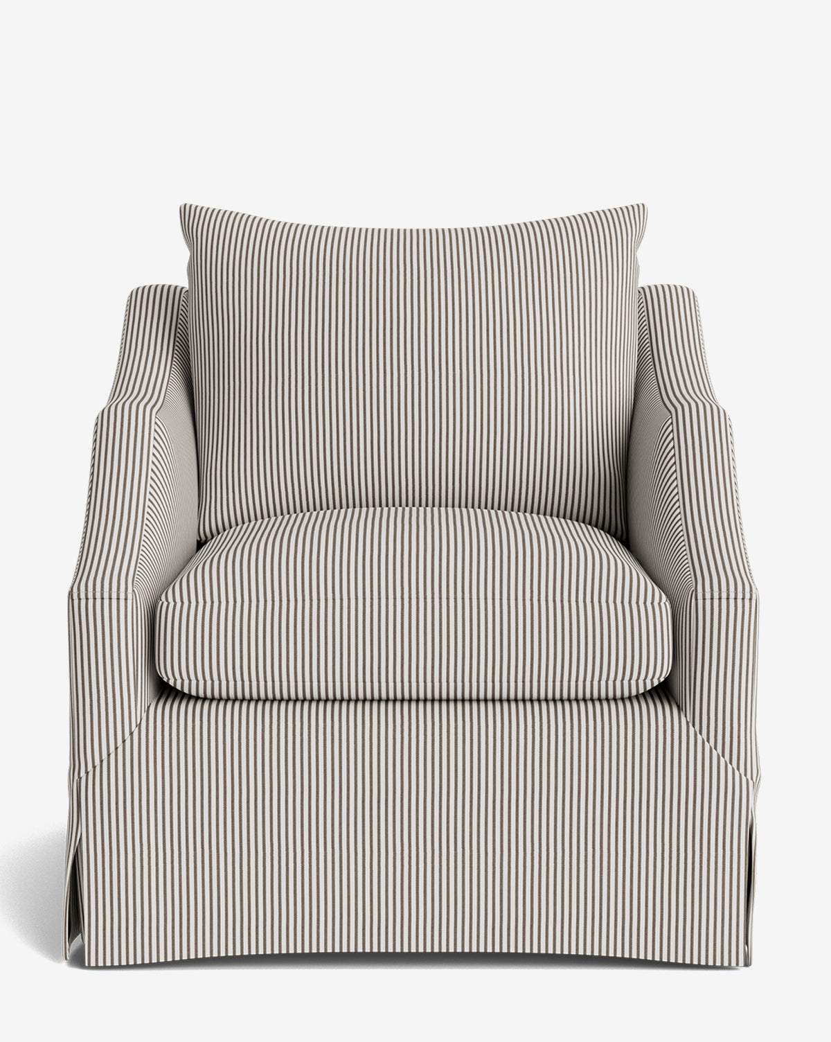 The Everleigh Slipcover Lounge Chair is a spacious armchair with thin black and white stripes, a large back pillow, thick seat cushion, slightly flared arms, and a solid oak frame, shown on a plain white background by McGee & Co.
