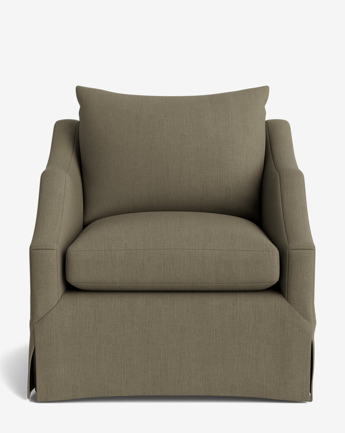 A front view of the Everleigh Slipcover Lounge Chair, a modern olive-green armchair with a solid oak frame, boxy silhouette, wide seat cushion, matching back pillow, low curved arms, and a tailored skirt for customizable style, by McGee & Co.