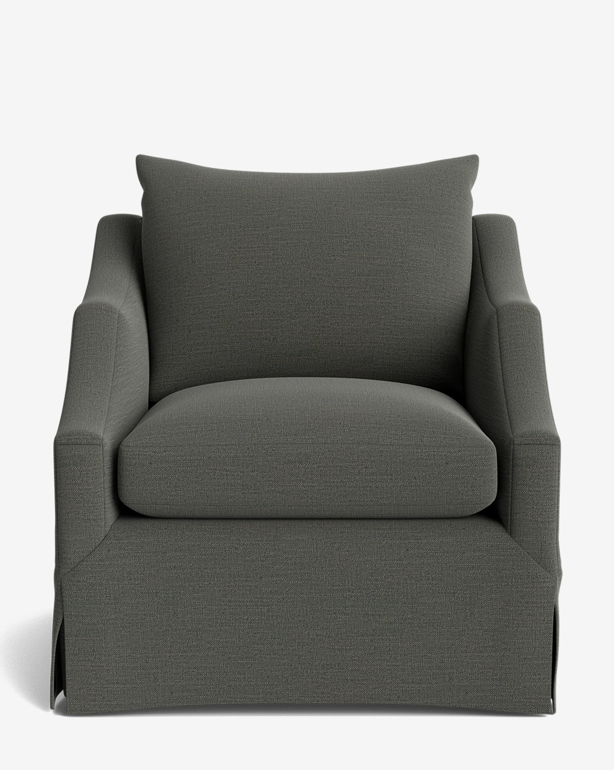 A dark gray Everleigh Slipcover Lounge Chair with a wide, plush seat and back cushion plus slightly flared arms sits on a solid oak frame, shown from the front against a plain white background by McGee & Co.