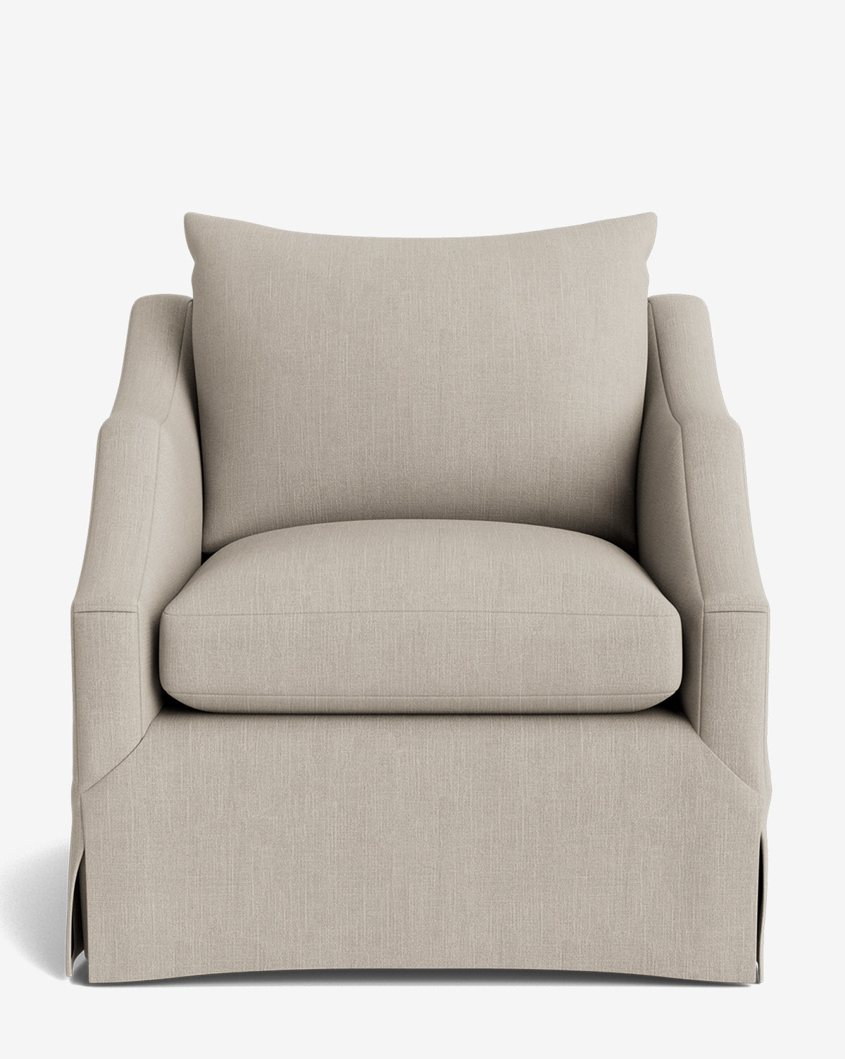Front view of the Everleigh Slipcover Lounge Chair, a modern armchair in light beige fabric with plush seat and back cushions, gently curved armrests, and a customizable tailored skirt that reaches the floor, by McGee & Co.