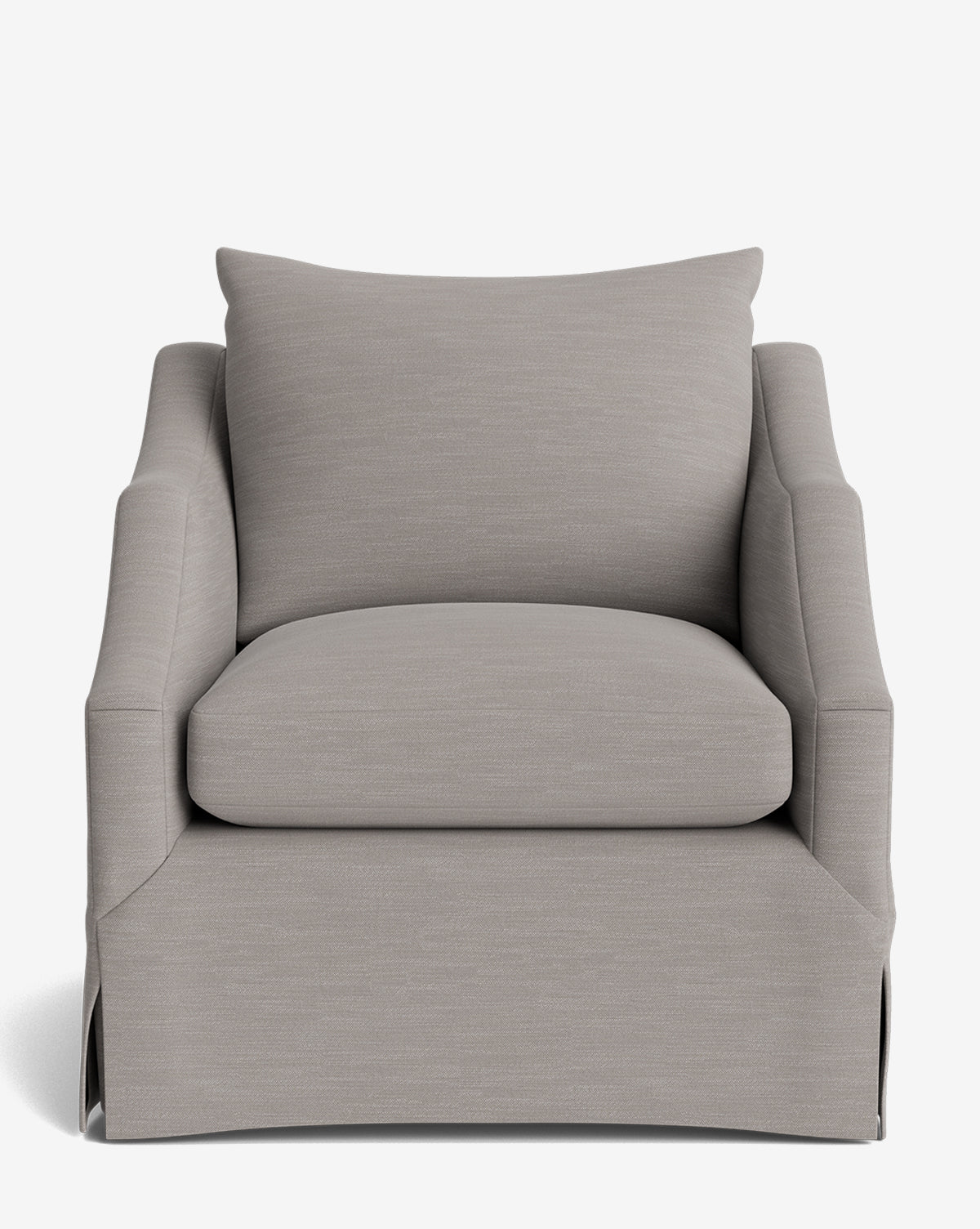 The Everleigh Slipcover Lounge Chair is a modern armchair with light grey upholstery, thick seat and matching back cushions, slightly flared arms, a solid oak frame, and a tailored skirt for durability with minimalist style, by Vendixs