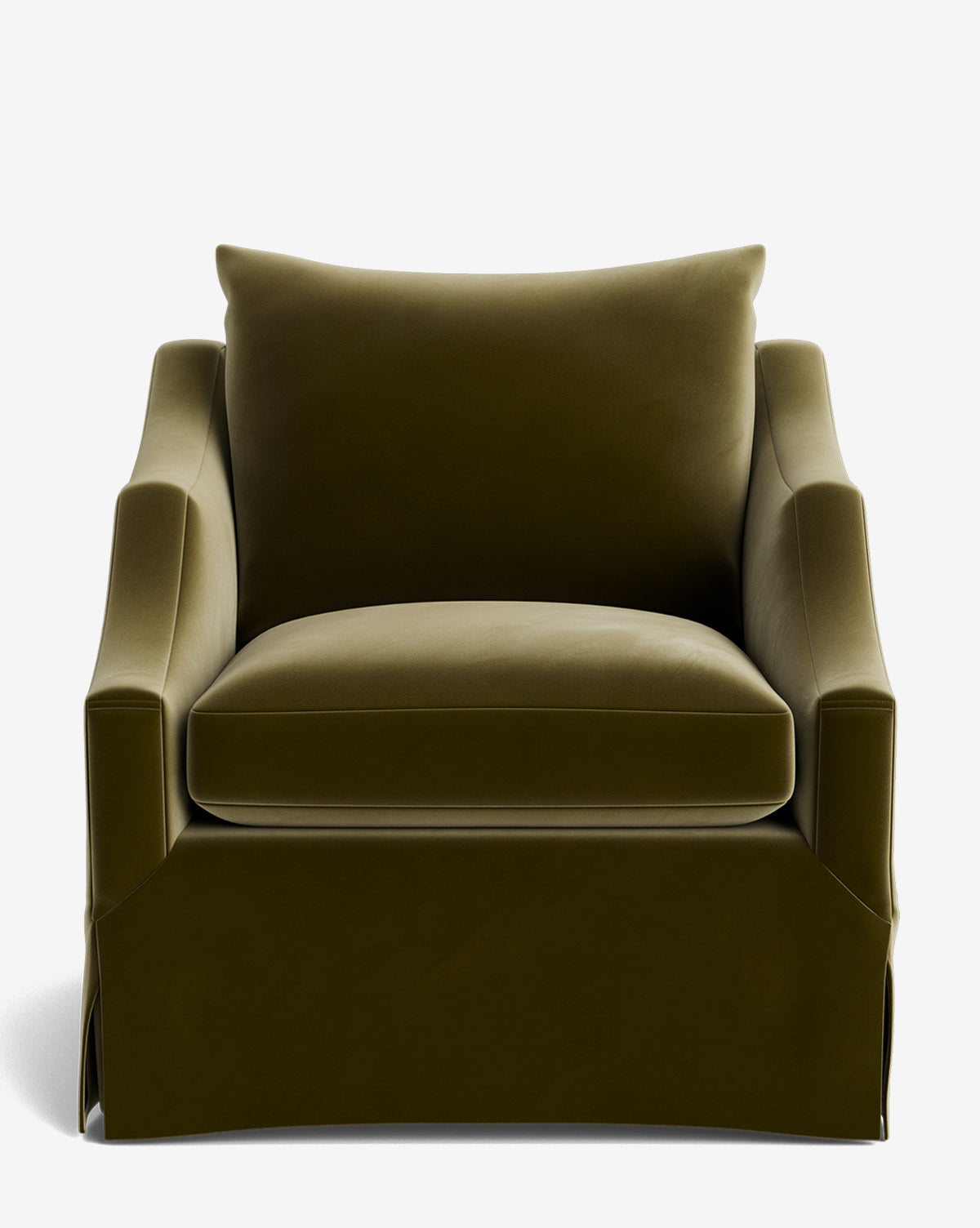The Everleigh Slipcover Lounge Chair is an olive green velvet armchair with a wide seat, thick cushion, soft back pillow, and flared arms on a solid oak frame, shown against a plain white background by McGee & Co.