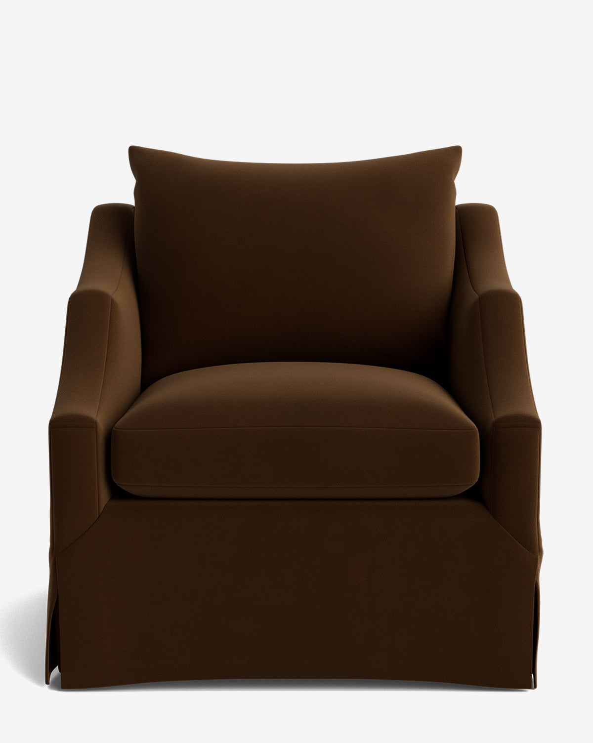 A front view of the Everleigh Slipcover Lounge Chair, a plush dark brown armchair featuring a thick seat cushion, large backrest cushion, and wide padded armrests. The tailored skirted base covers a sturdy solid oak frame for lasting support, by Vendixs