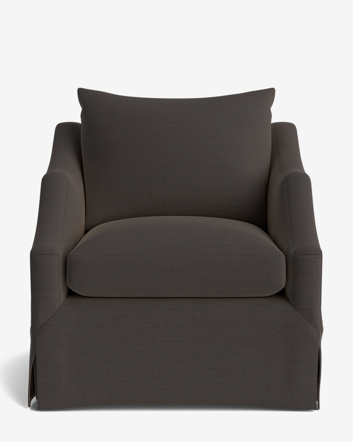 The Everleigh Slipcover Lounge Chair is a dark gray upholstered armchair with a wide seat, plush cushion, straight arms, and a solid oak frame, shown against a plain white background by McGee & Co.