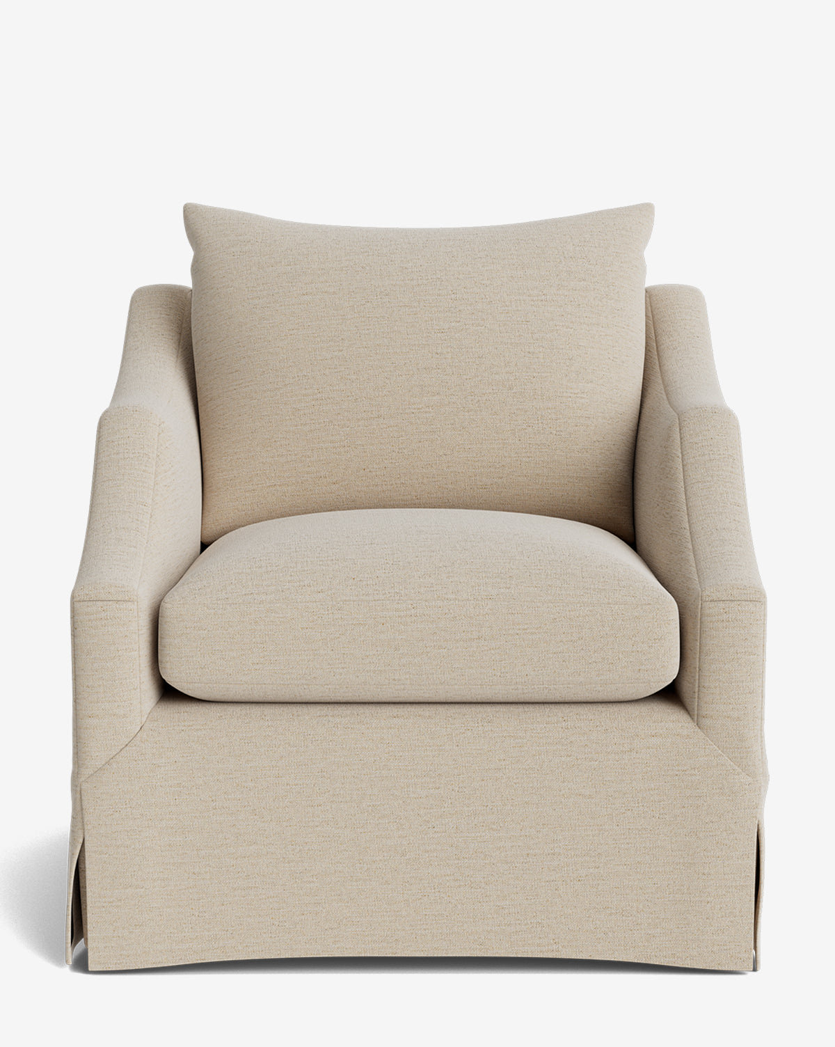 A front view of the Everleigh Slipcover Lounge Chair, featuring a solid oak frame, beige upholstery, boxy shape, thick seat cushion, large back pillow, flared arms, and a tailored skirt for a classic look by McGee & Co.