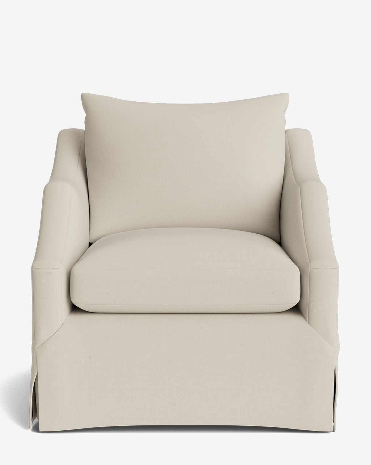 The Everleigh Slipcover Lounge Chair is a spacious, cushioned armchair with light beige upholstery, a soft backrest, wide seat, subtle skirted base, and solid oak frame, shown against a plain white background by McGee & Co.