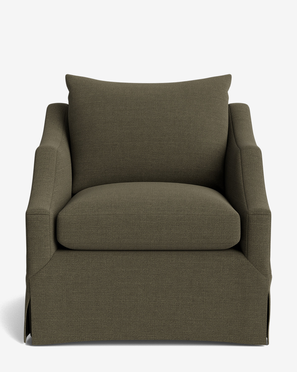 The Everleigh Slipcover Lounge Chair is a dark olive green armchair with a boxy shape, wide seat and plush back cushions, skirted base, and solid oak frame. Shown front-facing on a white background. Customizable upholstery available by McGee & Co.