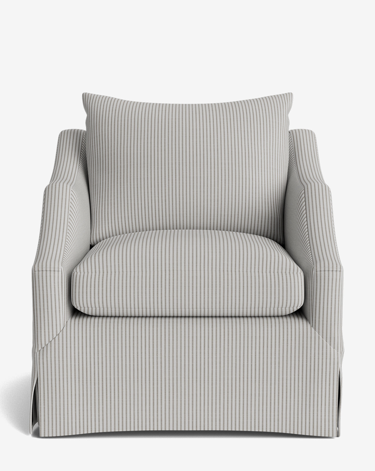 Front view of the Everleigh Slipcover Lounge Chair, featuring light gray and white vertical stripes, a square back pillow, plush seat cushion, straight armrests, and a sturdy solid oak frame in a simple modern style, by McGee & Co.