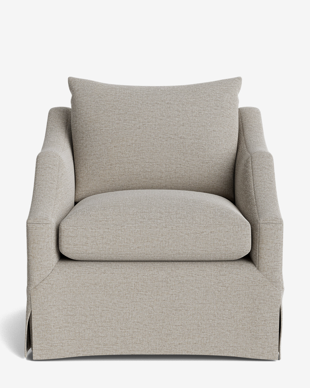 A front-facing view of the Everleigh Slipcover Lounge Chair, featuring a modern beige upholstered cushion, wide arms, tailored skirt base, and sturdy solid oak frame, shown against a plain white background by McGee & Co.