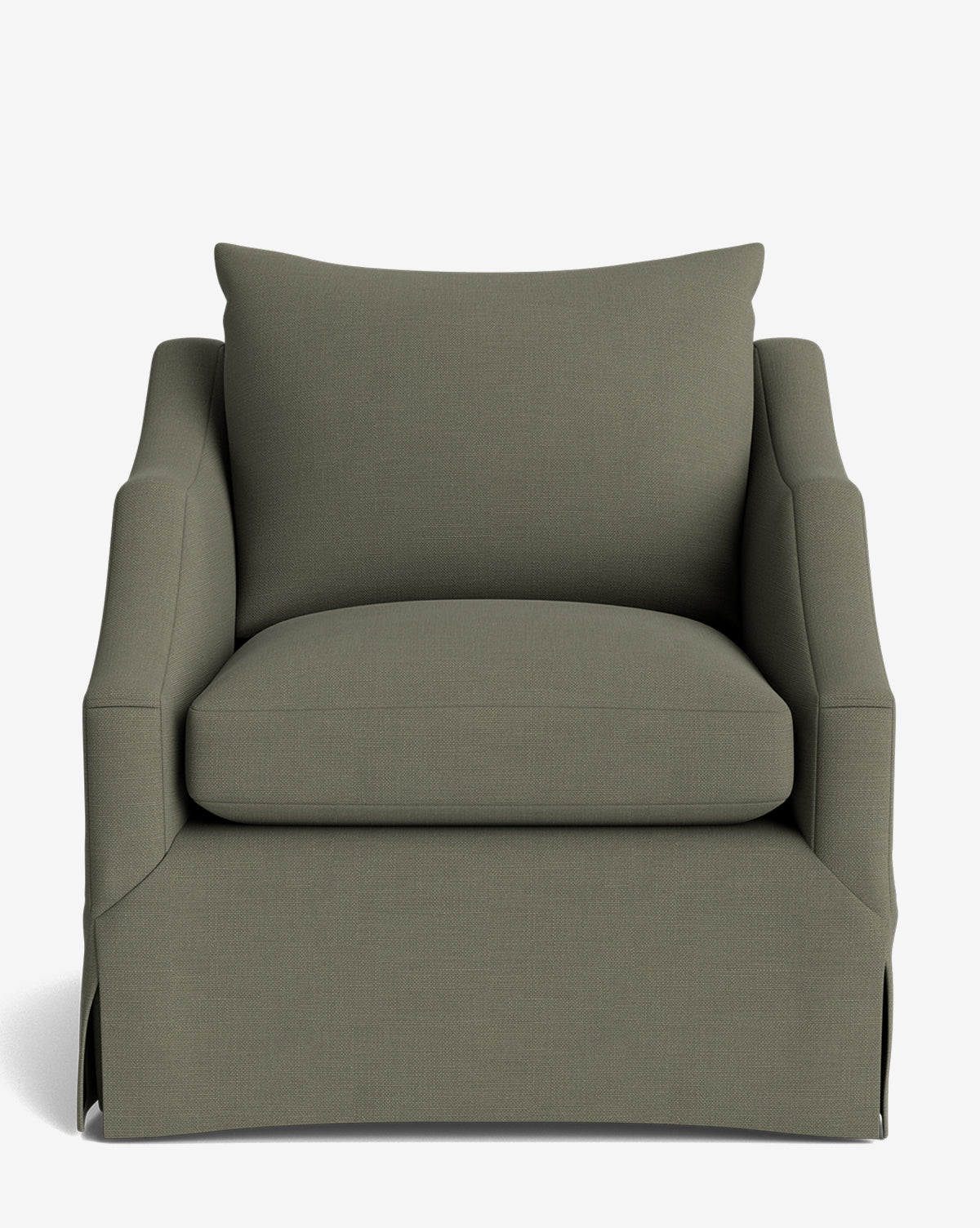 A front-facing Everleigh Slipcover Lounge Chair features olive green upholstery, a boxy cushion and backrest, angled armrests, and a tailored skirt over its solid oak frame, set against a plain white background by McGee & Co.