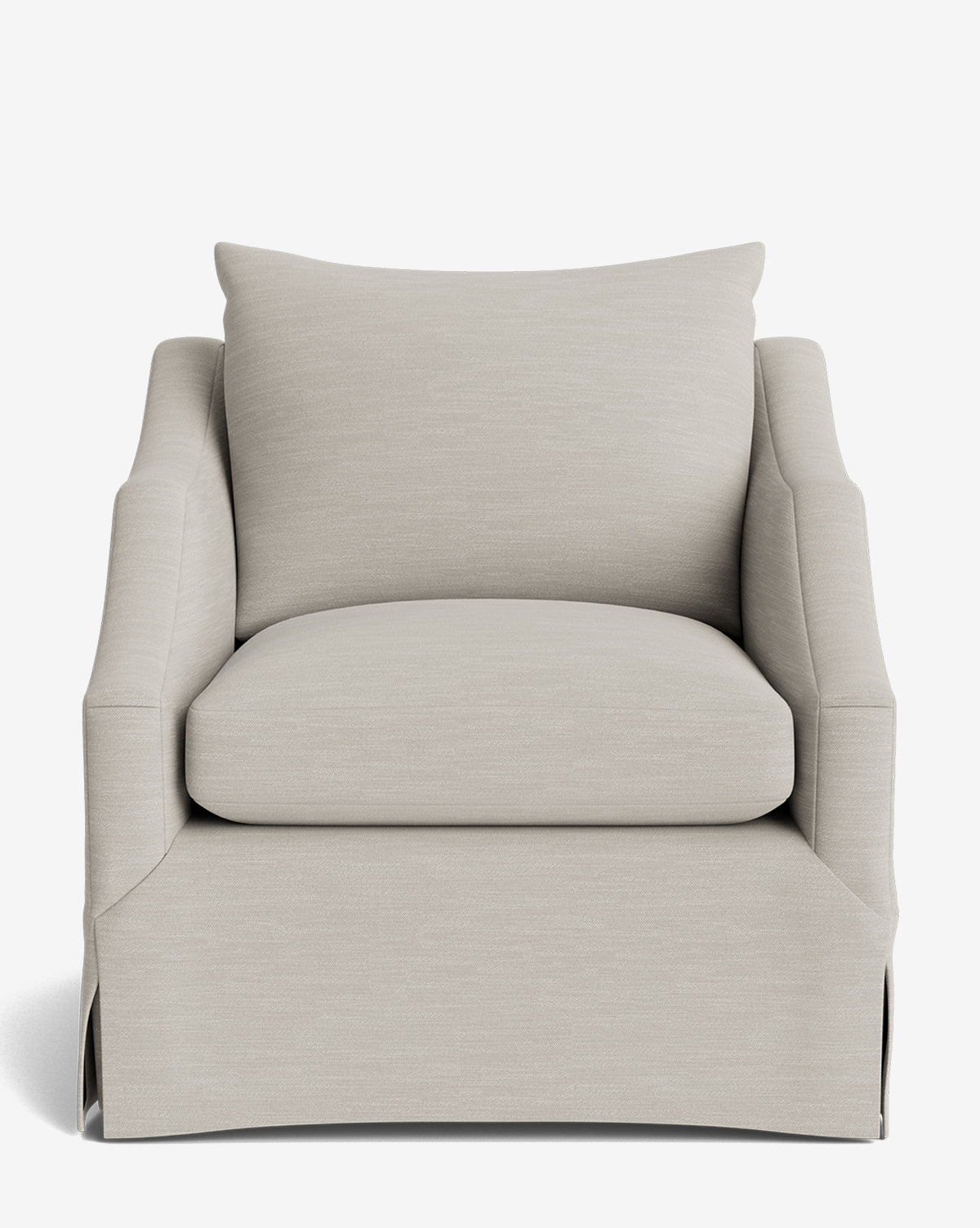 The Everleigh Slipcover Lounge Chair is a beige upholstered armchair with a wide seat, plush back cushion, and skirted base. Its solid oak frame offers durability and style, shown here against a plain white background by Vendixs