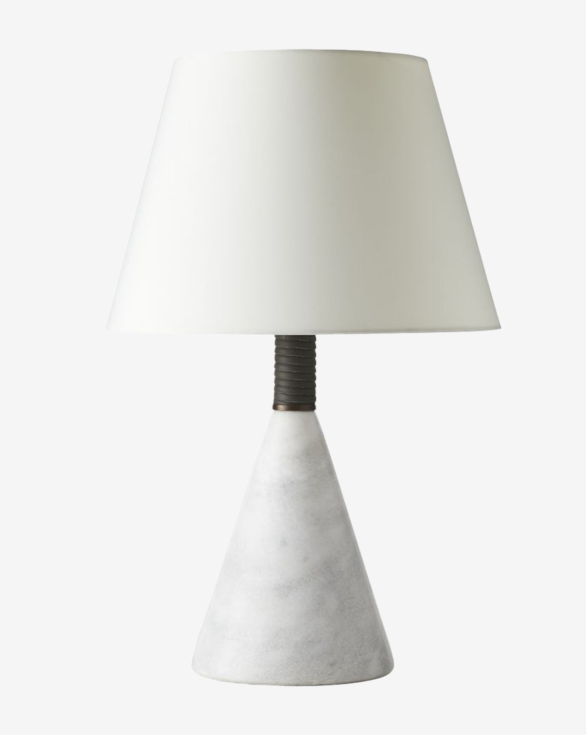The Arteriors Everly Table Lamp showcases a modern, minimal design with a white marble base and ivory microfiber shade, set against a plain white background by Vendixs