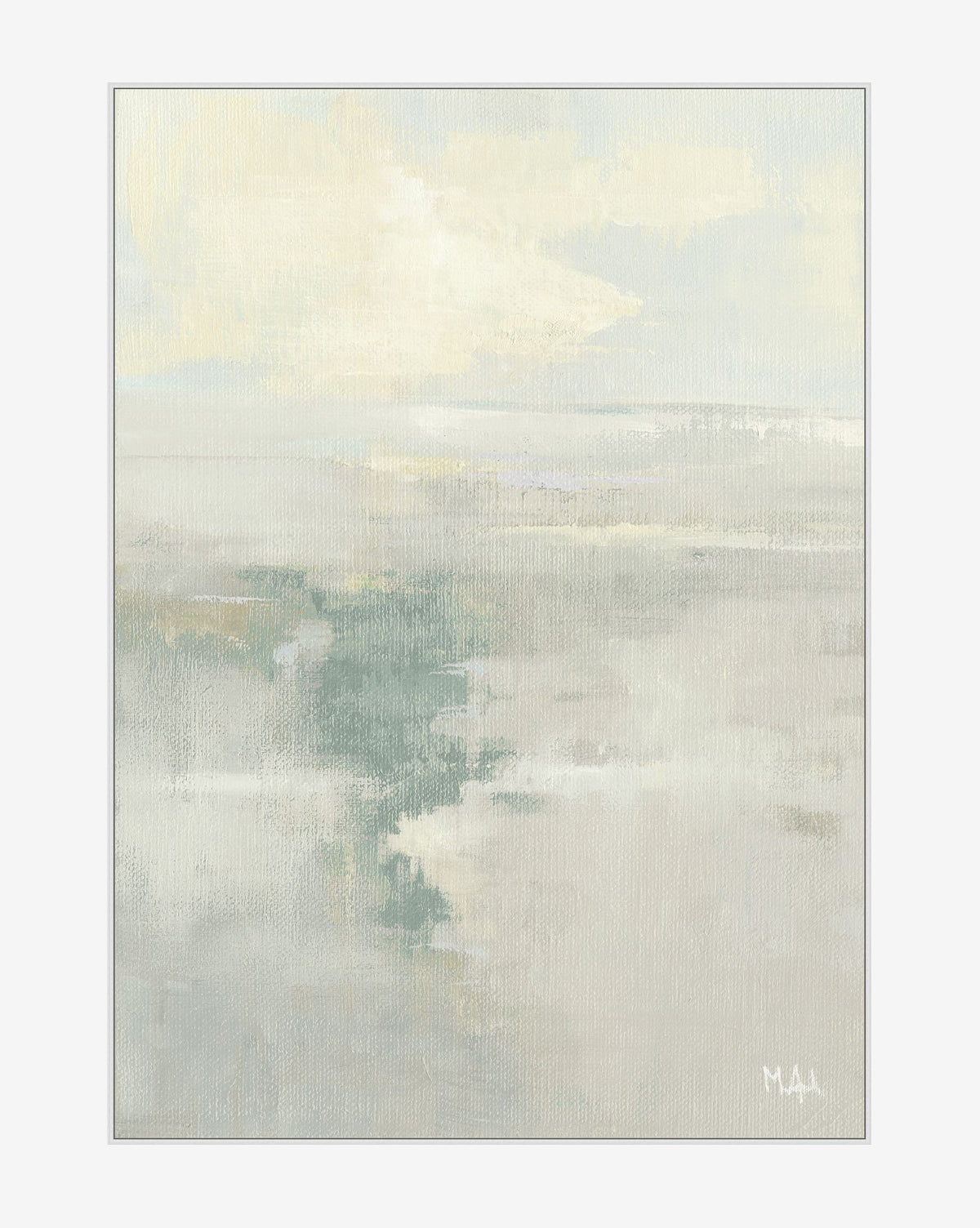 Every Horizon by Martha Spak is a soft, abstract landscape in pastel cream, beige, pale yellow, and light blue on gallery-wrapped canvas with delicate brushstrokes. The artist’s signature “MAA” appears in the bottom right corner, by Vendixs