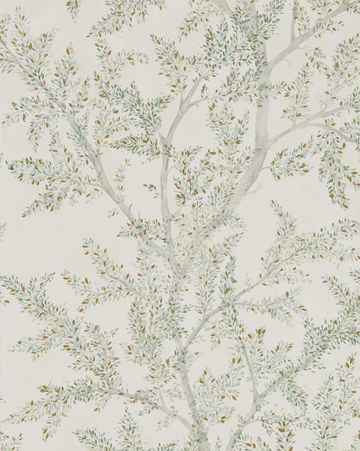 Delicate, hand-painted tree branches with green and brown leaves create a soft botanical pattern, making the Farthing Wood Wallpaper by Sanderson Design Group, Inc. an elegant choice for sophisticated wall decor. Vendixs
