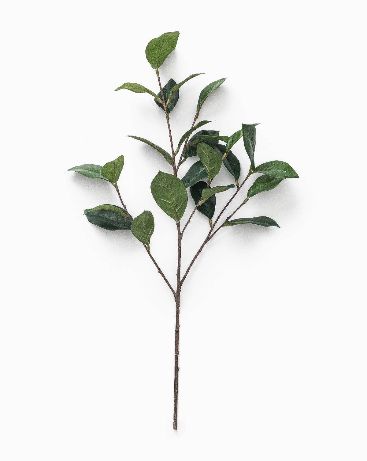 The Faux Gardenia Leaf Stem features multiple green leaves on brown stems, shown against a plain white background, by Vendixs