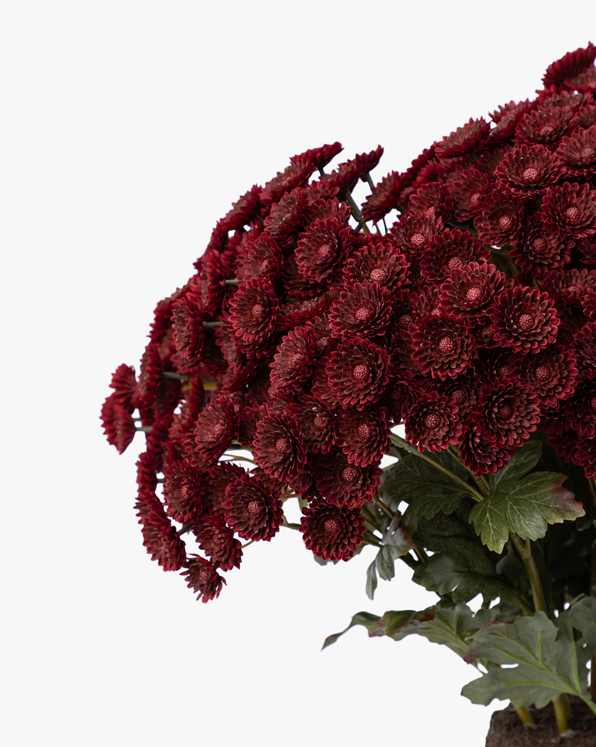The Faux Mum Drop-In features lifelike deep red mum blooms and green leaves, arranged against a plain white background—ideal for seasonal decor, by Vendixs