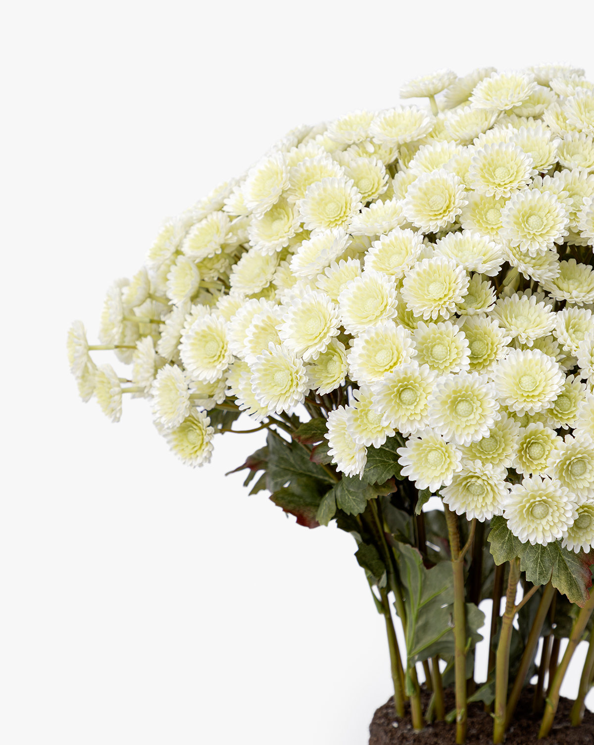The Faux Mum Drop-In features lifelike light yellow chrysanthemum flowers with green leaves and stems, set against a white background—perfect for bringing seasonal charm to your decor, by Vendixs
