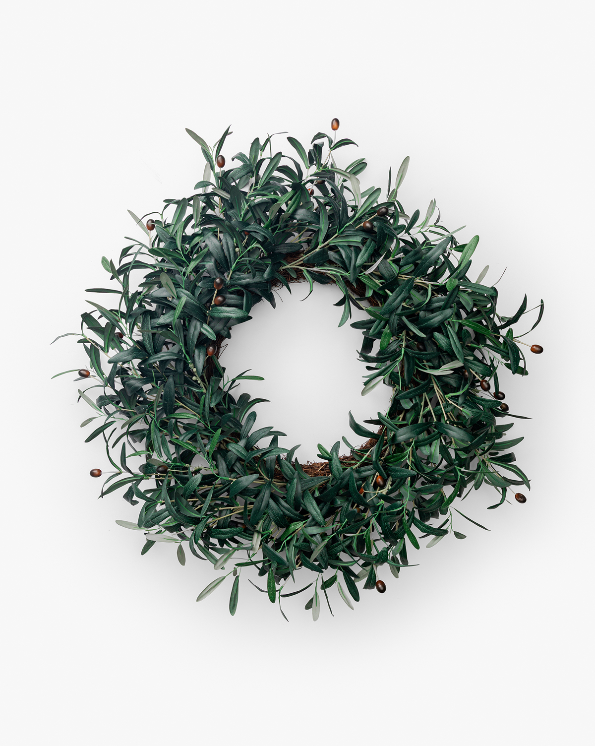 The Faux Olive Berry Wreath features dark green leaves and small brown berries in a circular design, shown against a plain white background, by Vendixs