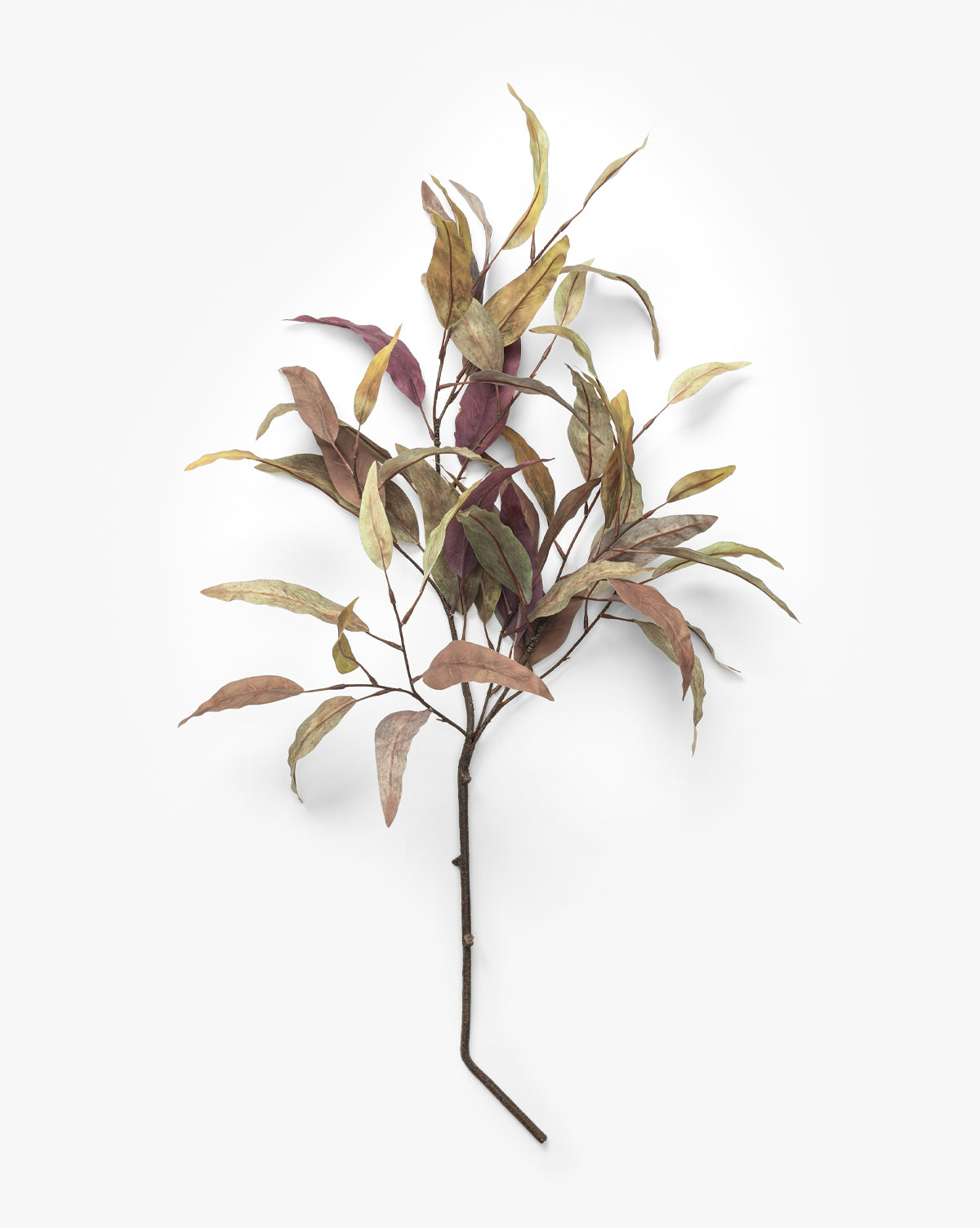 The Faux Purple Eucalyptus Stem features a single branch with slender leaves in green, yellow, and brown, offering lifelike texture and color—perfect for adding beauty to seasonal centerpieces, by Vendixs