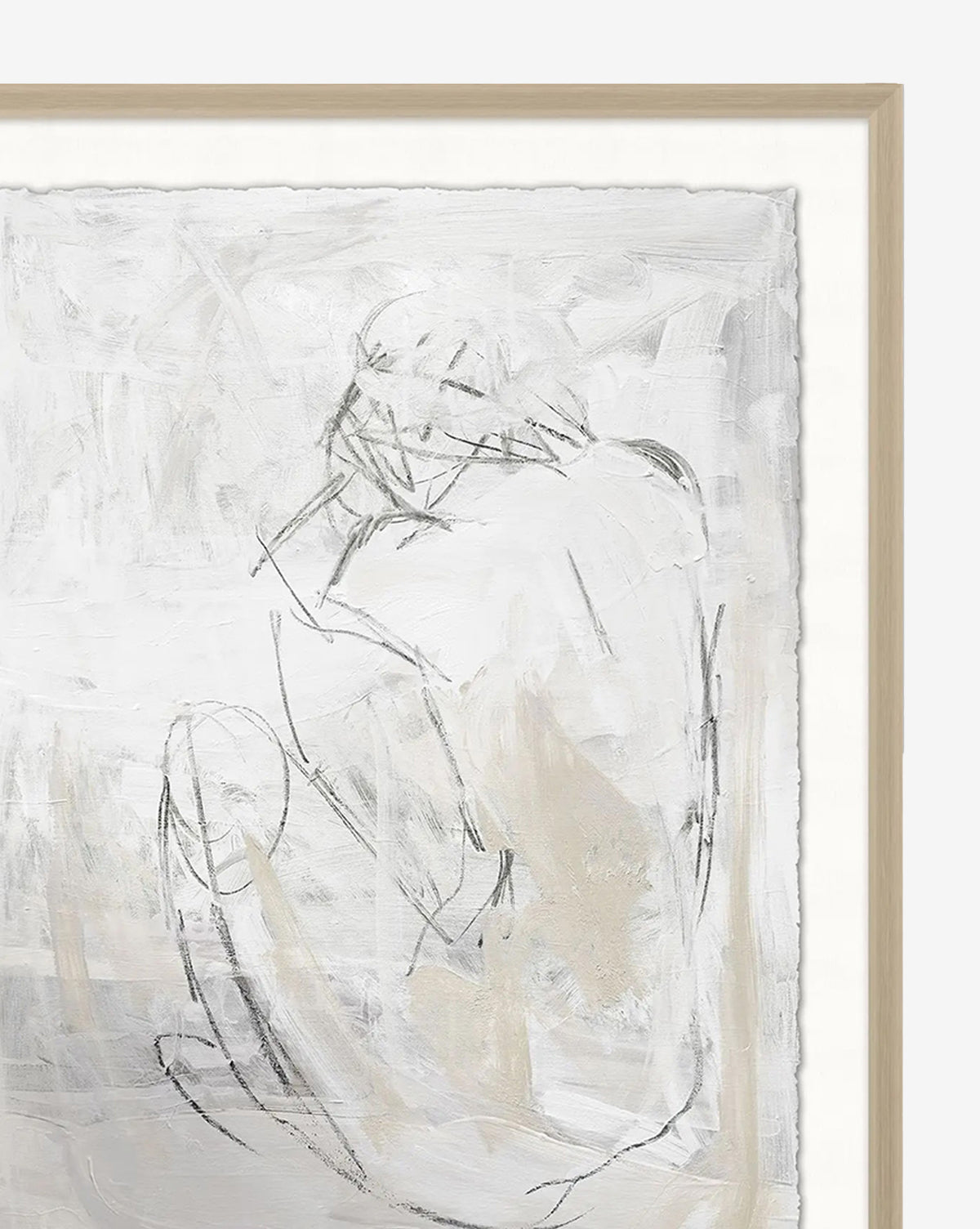 Figure Reflection is a minimalist giclee print of a seated figure with abstract black lines and soft beige and white tones, framed in light wood—ideal for modern home decor, by McGee & Co.