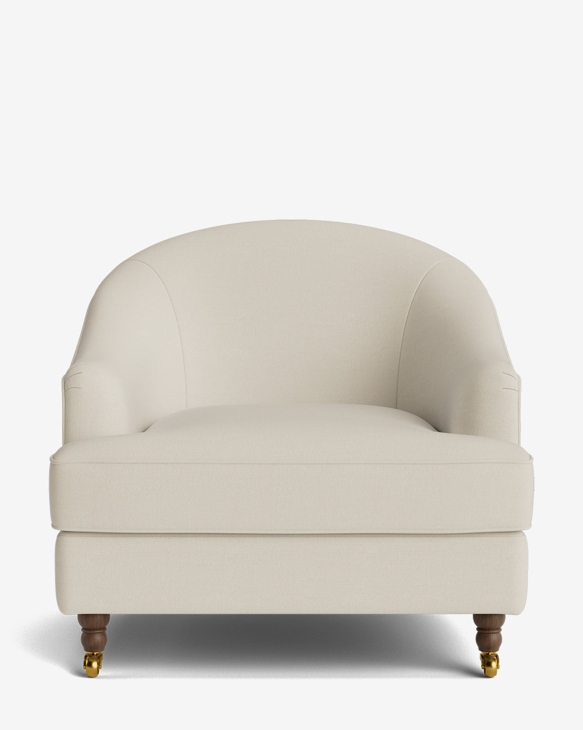 The Fletcher Lounge Chair features wide ivory upholstery, a rounded back and arms, wooden legs with front brass casters, and is shown on a white background. Handcrafted with customizable fabric options by Vendixs