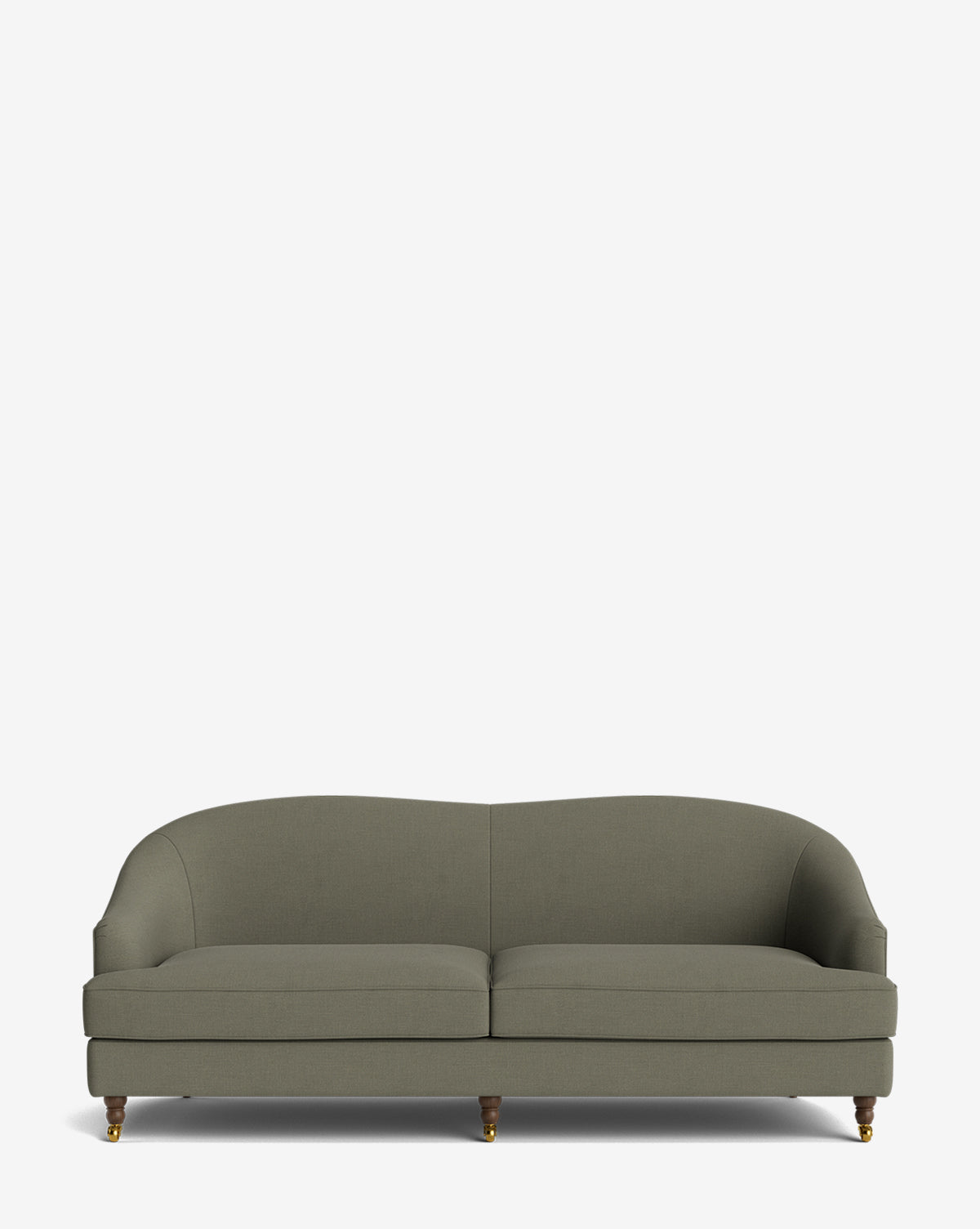The Makerspalm Fletcher Sofa 76 features a modern olive-green design with curved arms, back, handcrafted wooden legs, and brass casters. Shown on a white background. Fabrics are customizable to match your style. Vendixs