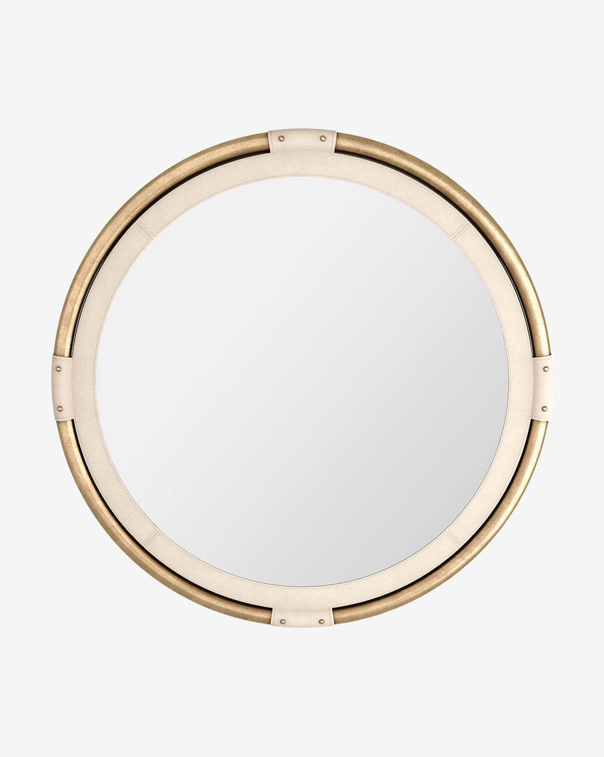 The Flora Mirror boasts a round shape with a gold and beige frame, antique brass accents, and four evenly spaced screws. Its modern minimalist design pops against white backgrounds, by McGee & Co.