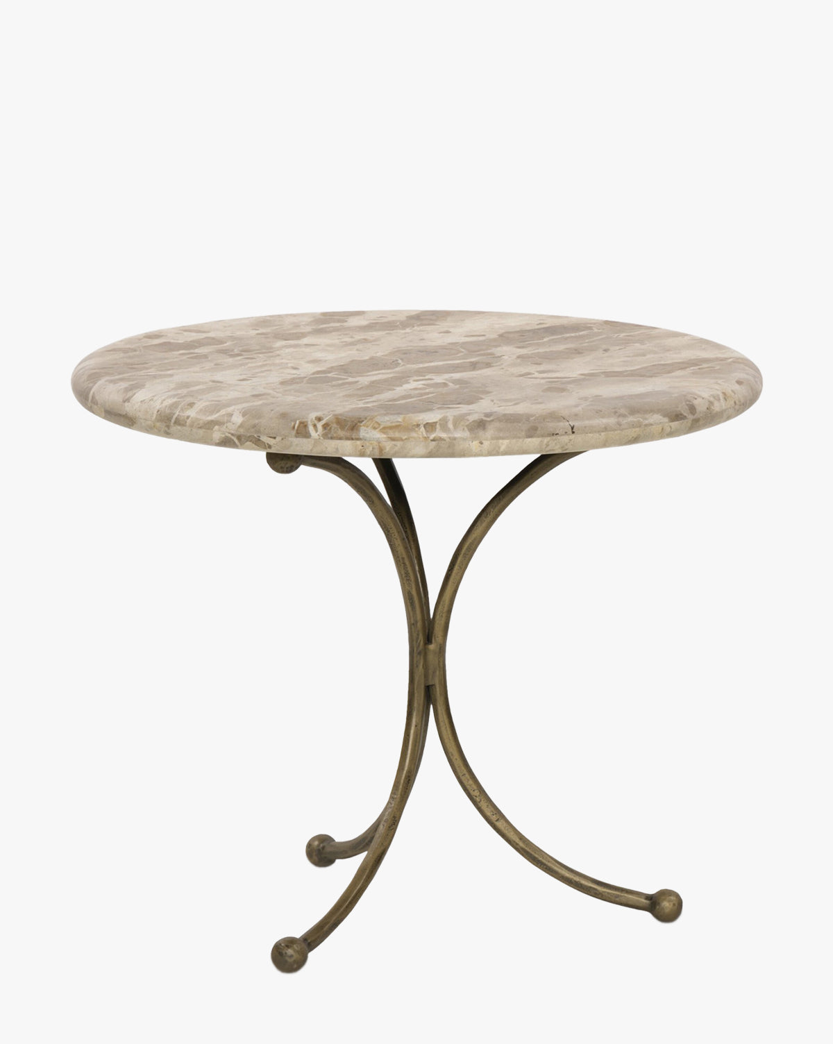 The Fossil Marble End Table features a round marble top and a hammered aged brass base with three central legs, creating a minimalist, elegant look that stands out against light backgrounds, by Vendixs