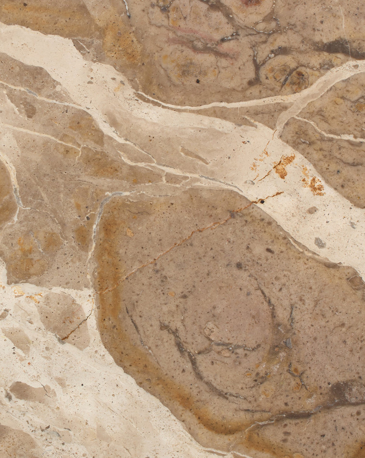 Close-up of a textured beige and brown marble surface with swirling patterns and veins—details that capture the organic beauty featured in the Fossil Marble End Table, by Vendixs