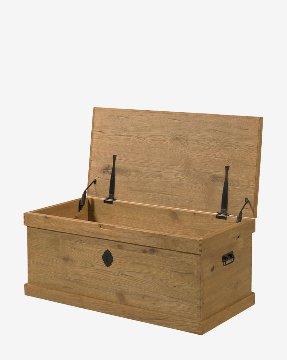 The Frances Trunk is a wooden storage chest with a natural oak veneer, side metal handles, and black metal hinges and hardware. Its hinged lid is partially open to reveal the empty interior storage space, by McGee & Co.