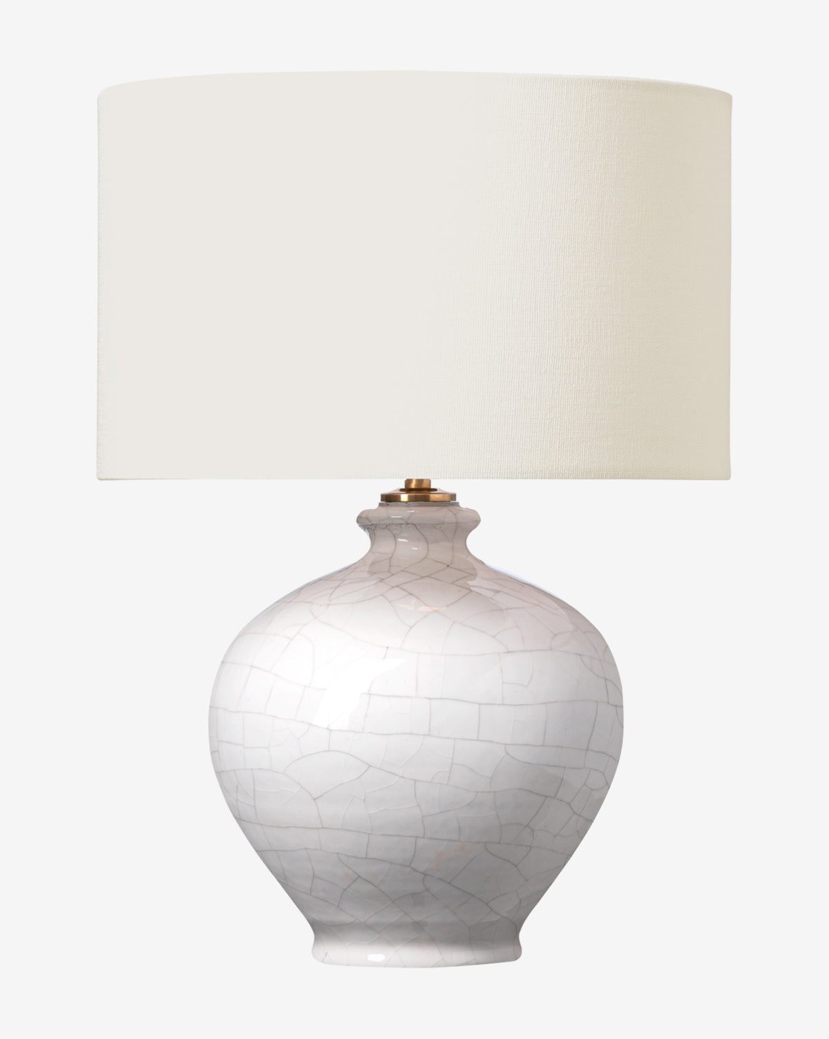 The Gaios 13 Cordless Accent Lamp by Visual Comfort & Co. Signature features a round, crackle-glazed ivory ceramic base and a large off-white fabric shade for timeless elegance. Vendixs