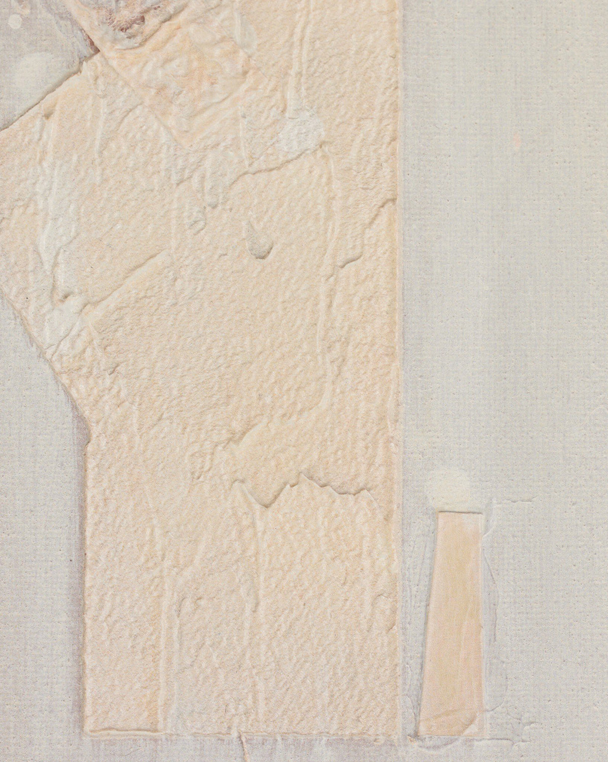 Galactic IV by Jade Dacay showcases a textured off-white surface with a rough rectangle and vertical strip blending into a pale background—a striking piece of mixed media minimalist wall art, ideal for framing, by Vendixs