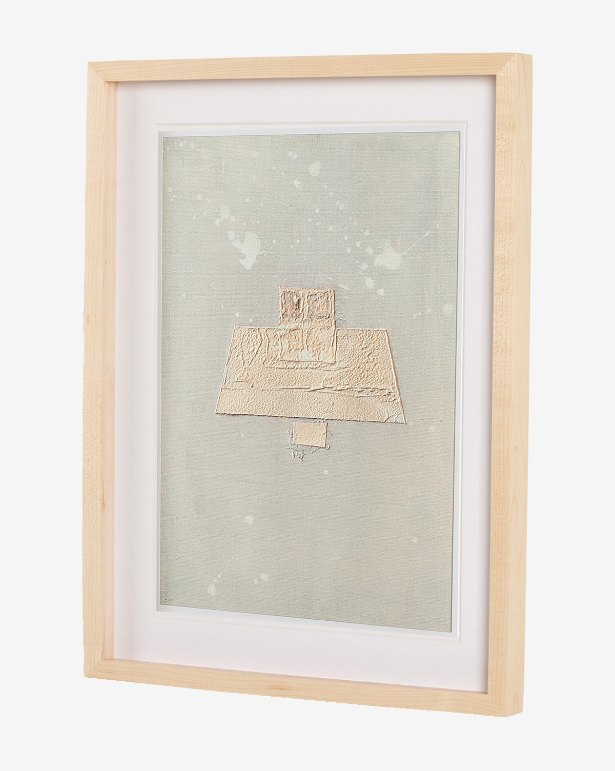 “Galactic VIII” by Jade Dacay is a framed abstract minimalist art piece with textured pale beige geometric shapes on a gray background, set in a light wood frame with white mat—perfect modern wall decor, by Vendixs