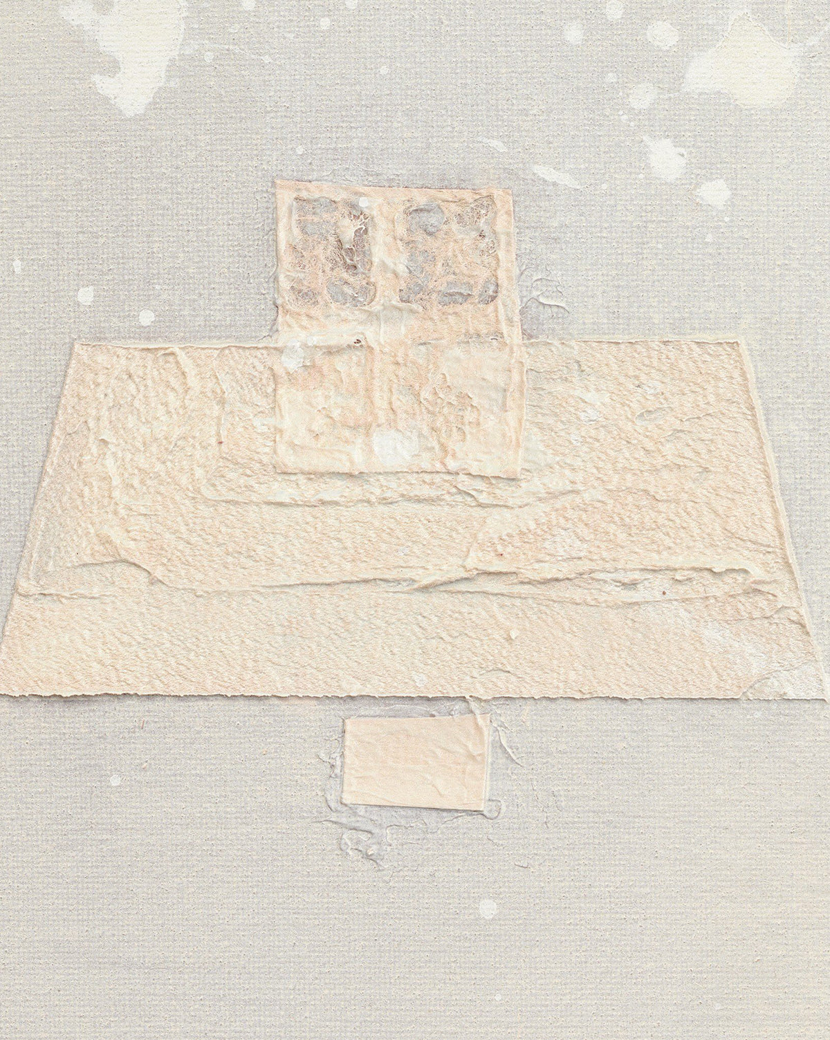 Galactic VIII by Jade Dacay is a textured abstract artwork featuring off-white and beige layered shapes on a pale gray background. This minimalist mixed media piece centralizes trapezoid, square, and rectangle forms for striking wall decor, by Vendixs
