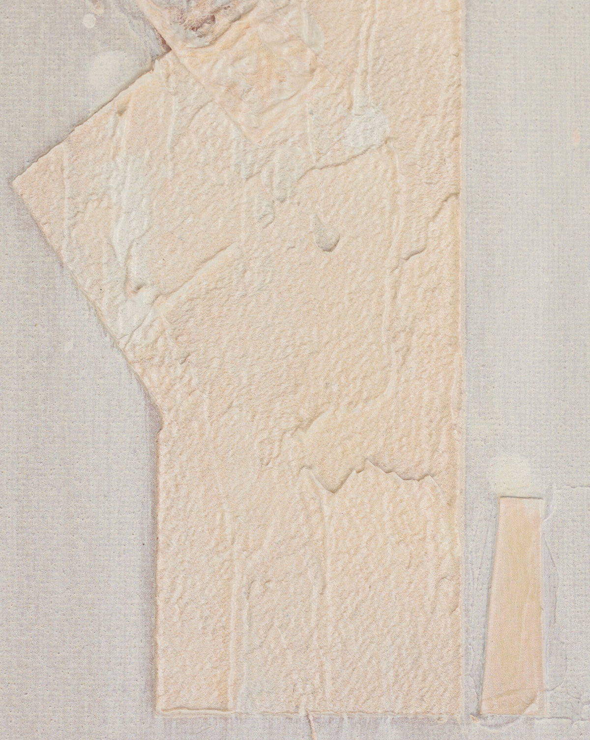 Galactic VI by Jade Dacay features a textured beige abstract shape with rough edges, centered on a lighter grainy background with subtle lines, evoking minimalist mixed media art. A small rectangle appears near the bottom right, by Vendixs