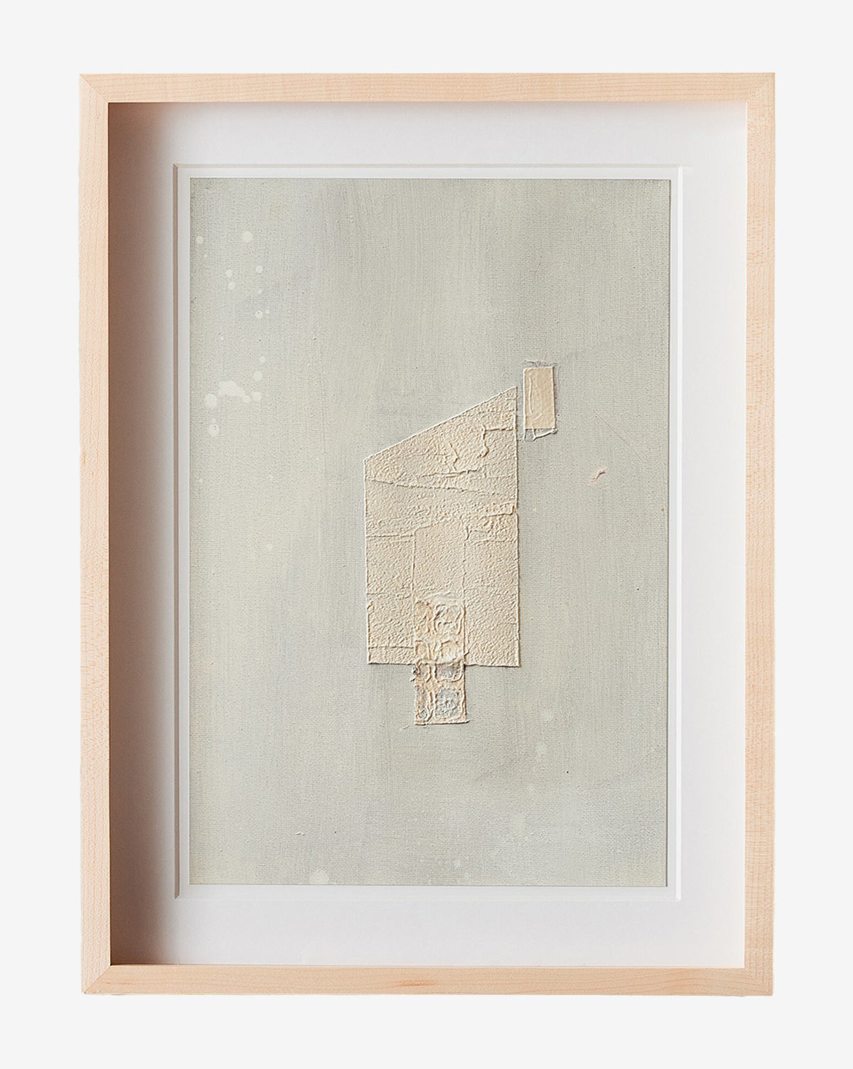 Galactic VI by Jade Dacay is a framed mixed media minimalist art piece featuring textured off-white geometric shapes on a pale background, accented by a natural-toned frame and white mat for a neutral, modern look, by Vendixs