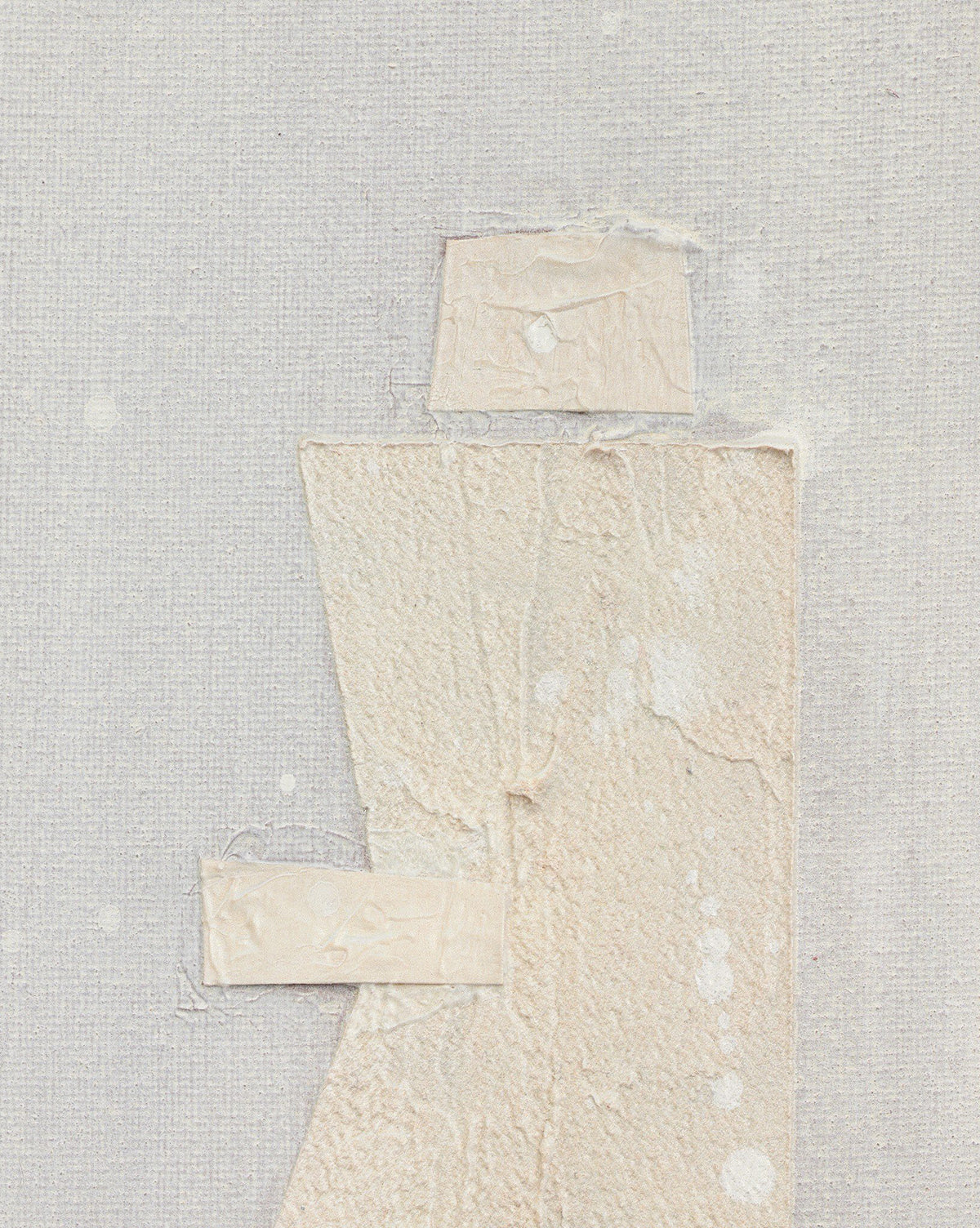 A mixed media minimalist art piece, Galactic V by Jade Dacay, features a textured off-white fabric surface and geometric masking tape on a neutral background, finished with a natural-toned frame, by Vendixs