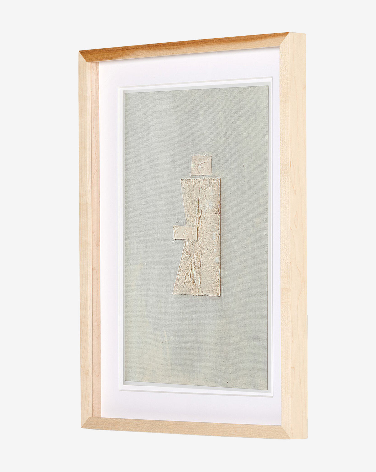 Galactic V by Jade Dacay is a minimalist mixed media artwork featuring textured beige shapes on a pale gray background in a natural-toned frame, displayed at an angle to highlight its depth and abstract style, by Vendixs