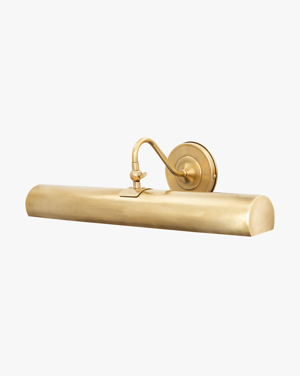 The Gallery Picture Sconce is a vintage-inspired, burnished bronze brass picture light with a cylindrical shade and adjustable curved arm on a round base, perfect for lighting up artwork or photos, by Vendixs