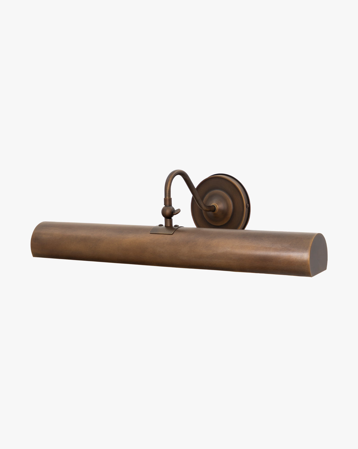 The Gallery Picture Sconce features a vintage-inspired design in burnished bronze with a cylindrical shade and curved arm on a round wall plate, displayed against a plain white background, by Vendixs