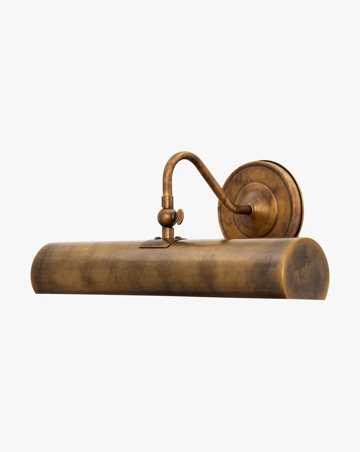 The Gallery Picture Sconce features a vintage-inspired curved arm and cylindrical shade in burnished bronze, creating an antique look ideal for highlighting artwork or photos, by Vendixs